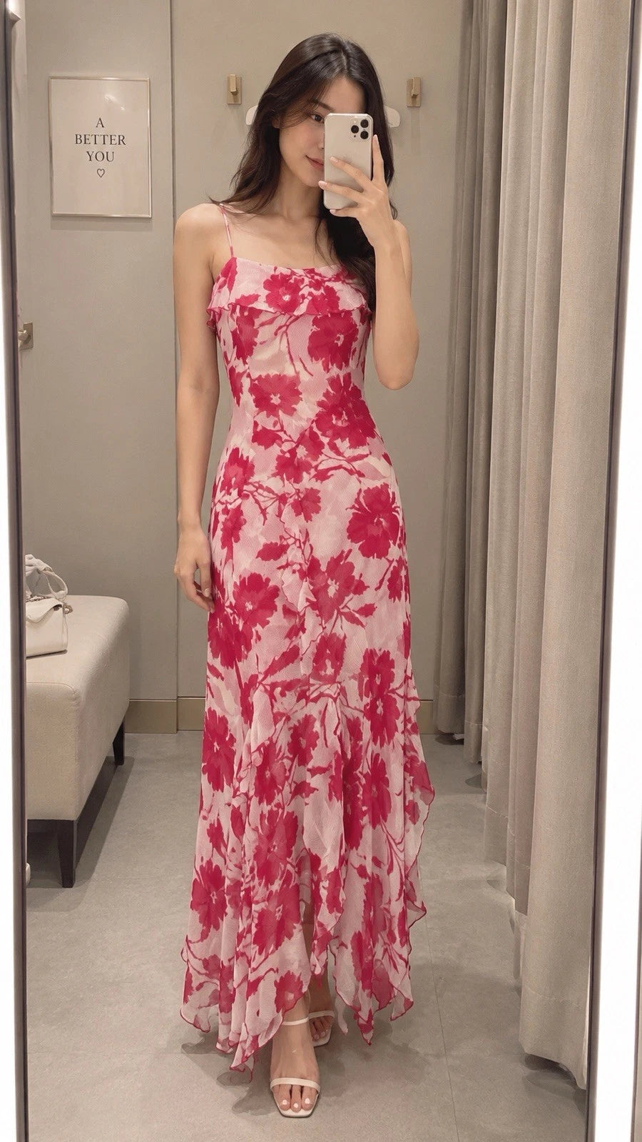 ZARA White Red Floral Chiffon Maxi Dress Square Neck Ruffle Back Tie Size S