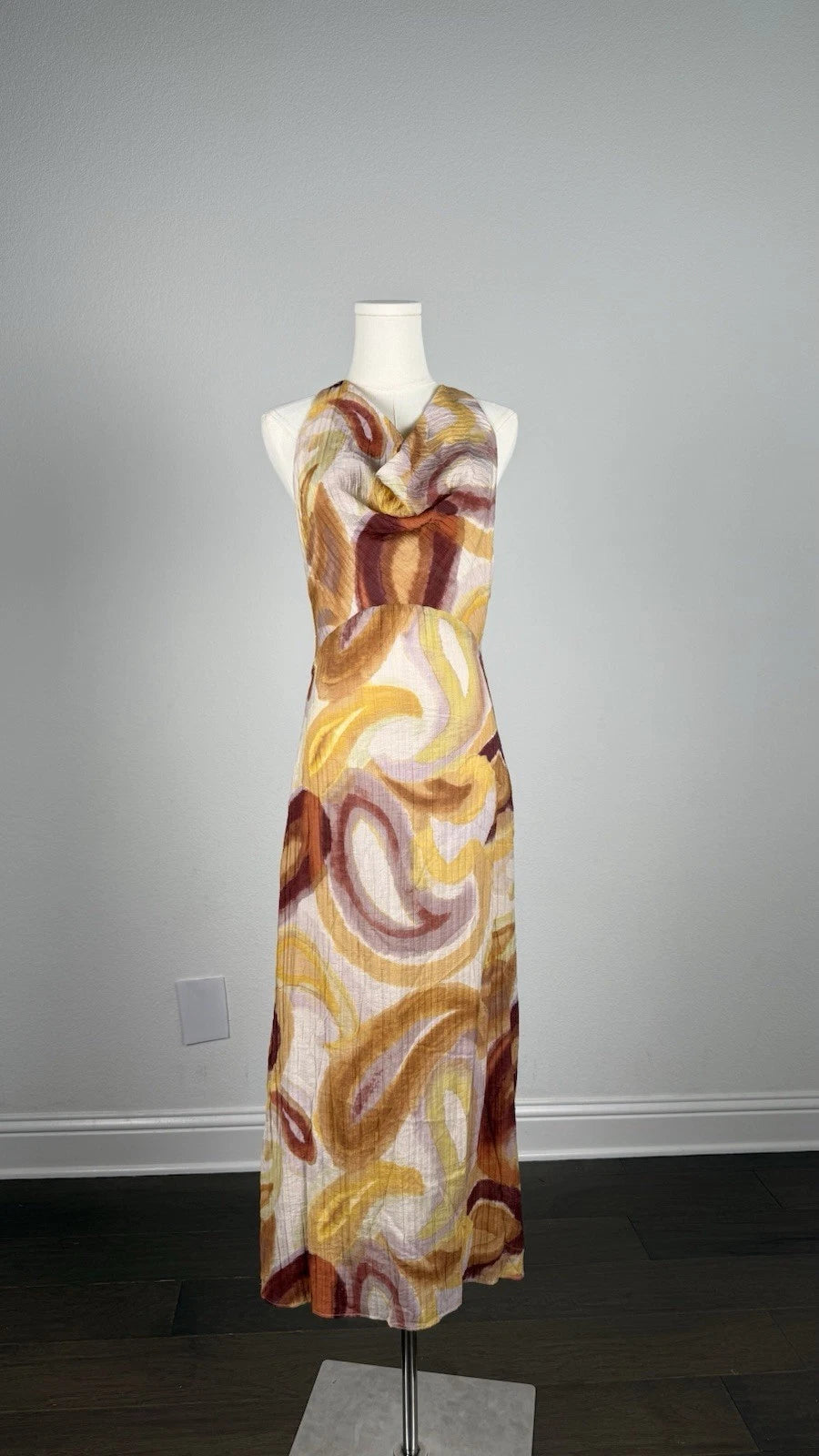 ZARA Abstract Print Cowl Neck Crochet Back Lined Maxi Dress Multicolor S