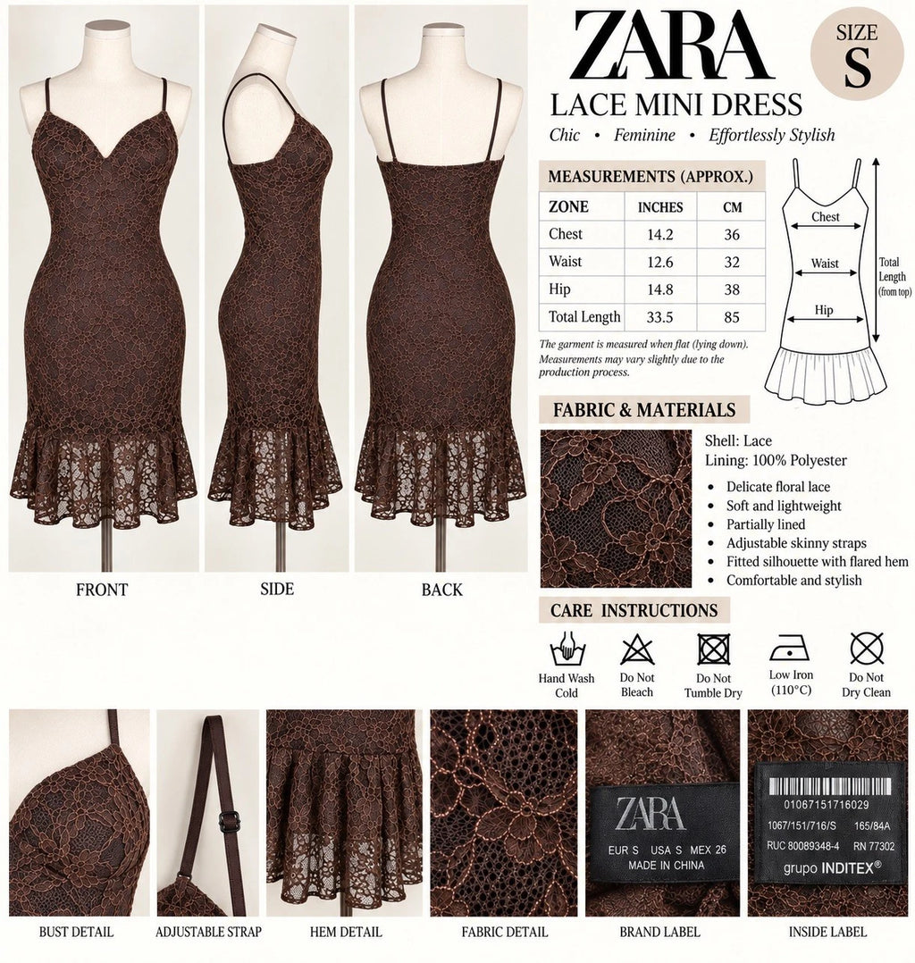 ZARA Brown Floral Lace Lined V-Neck Strappy Bodycon Dress Size S NWT