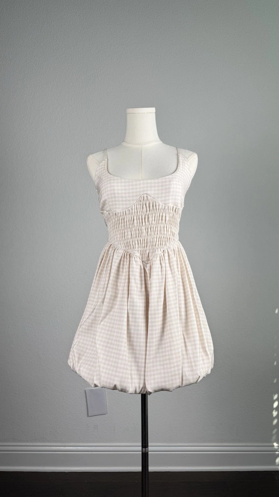 ZARA Beige Gingham Smocked Bubble Hem Mini Dress Lace-Up Back Size M
