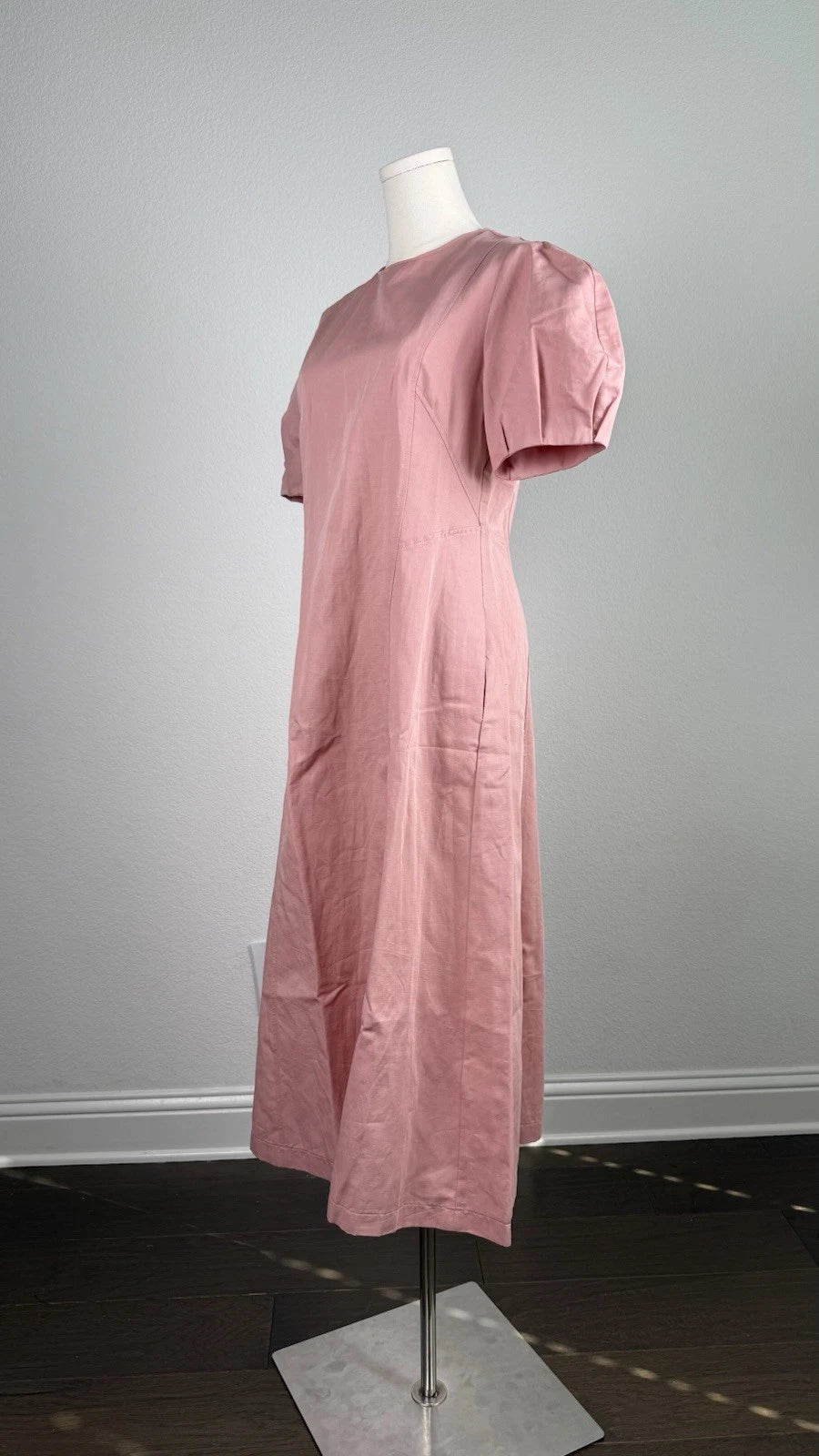 ZARA Pink Puff Sleeve Pleated A-Line Midi Dress Pockets Cotton Linen Size M