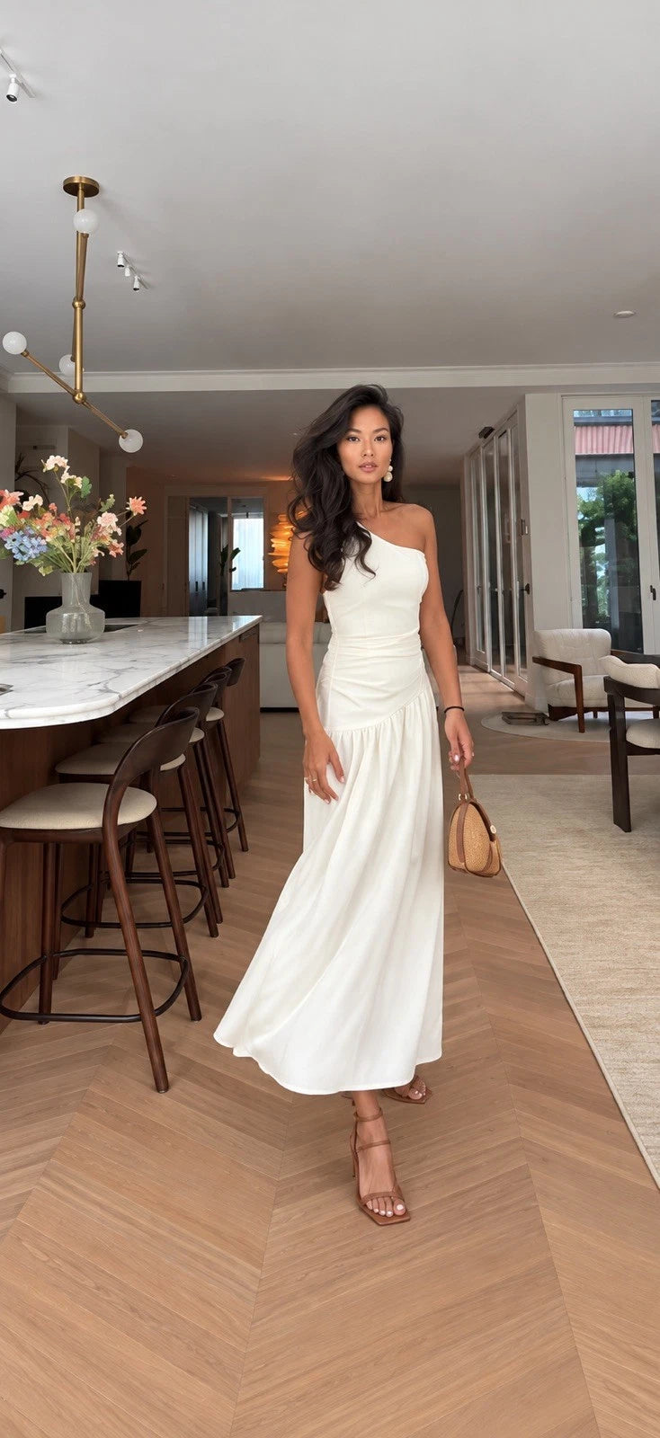 ZARA Cream One Shoulder Ruched Textured A-Line Midi Dress Size S/M NWT