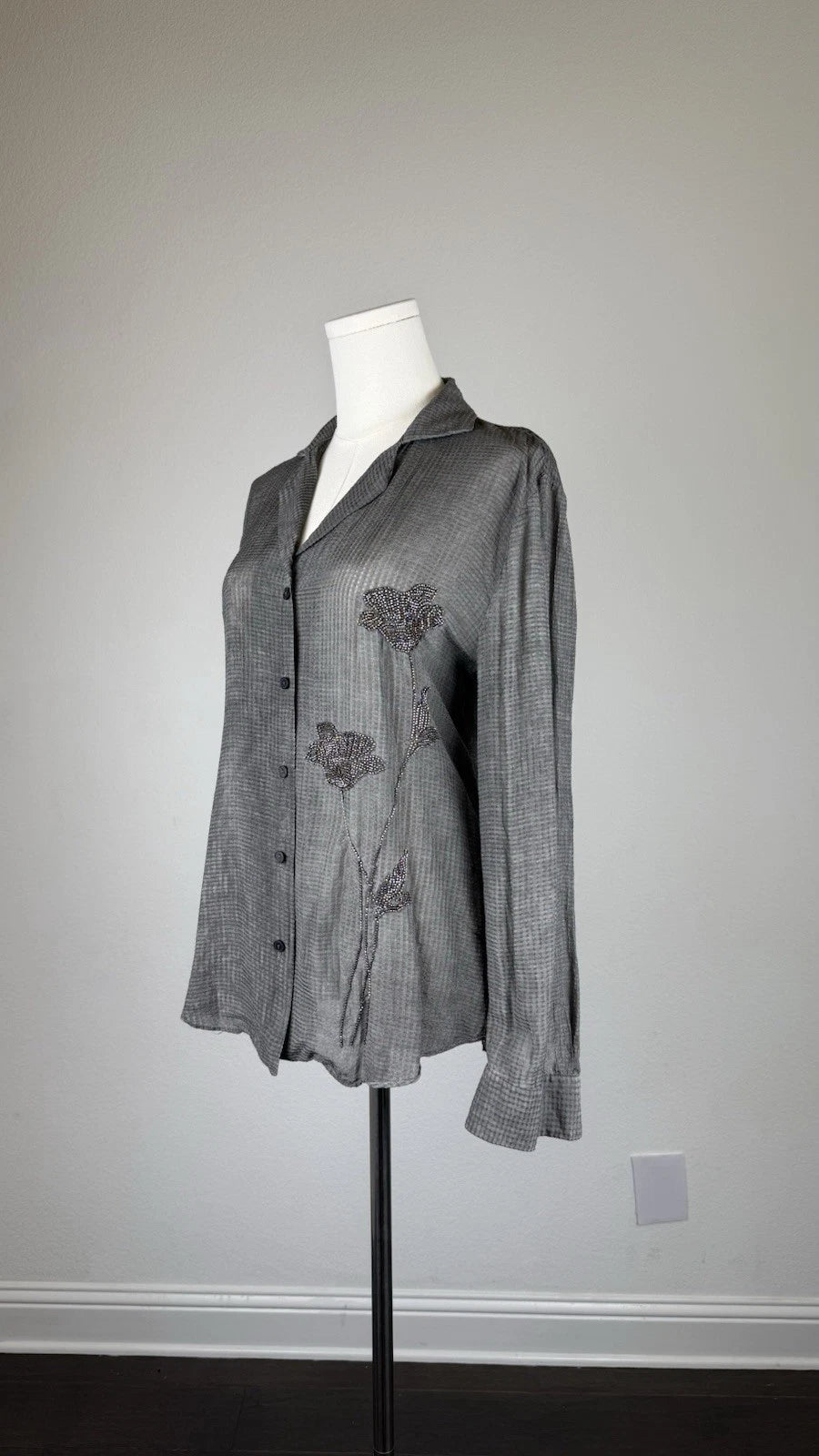 ZARA Women’s Size S Gray Check Collared Button-Up Blouse Beaded 4786/050/802