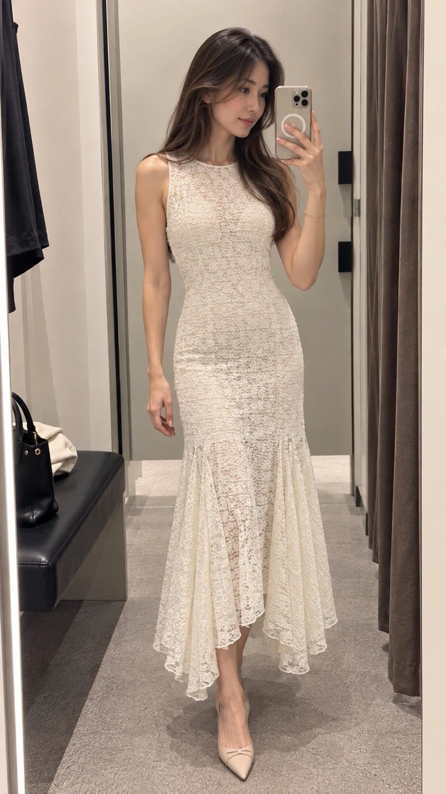 ZARA White/Ivory Floral Lace Sleeveless Long Maxi Sheath Dress Zip Size M