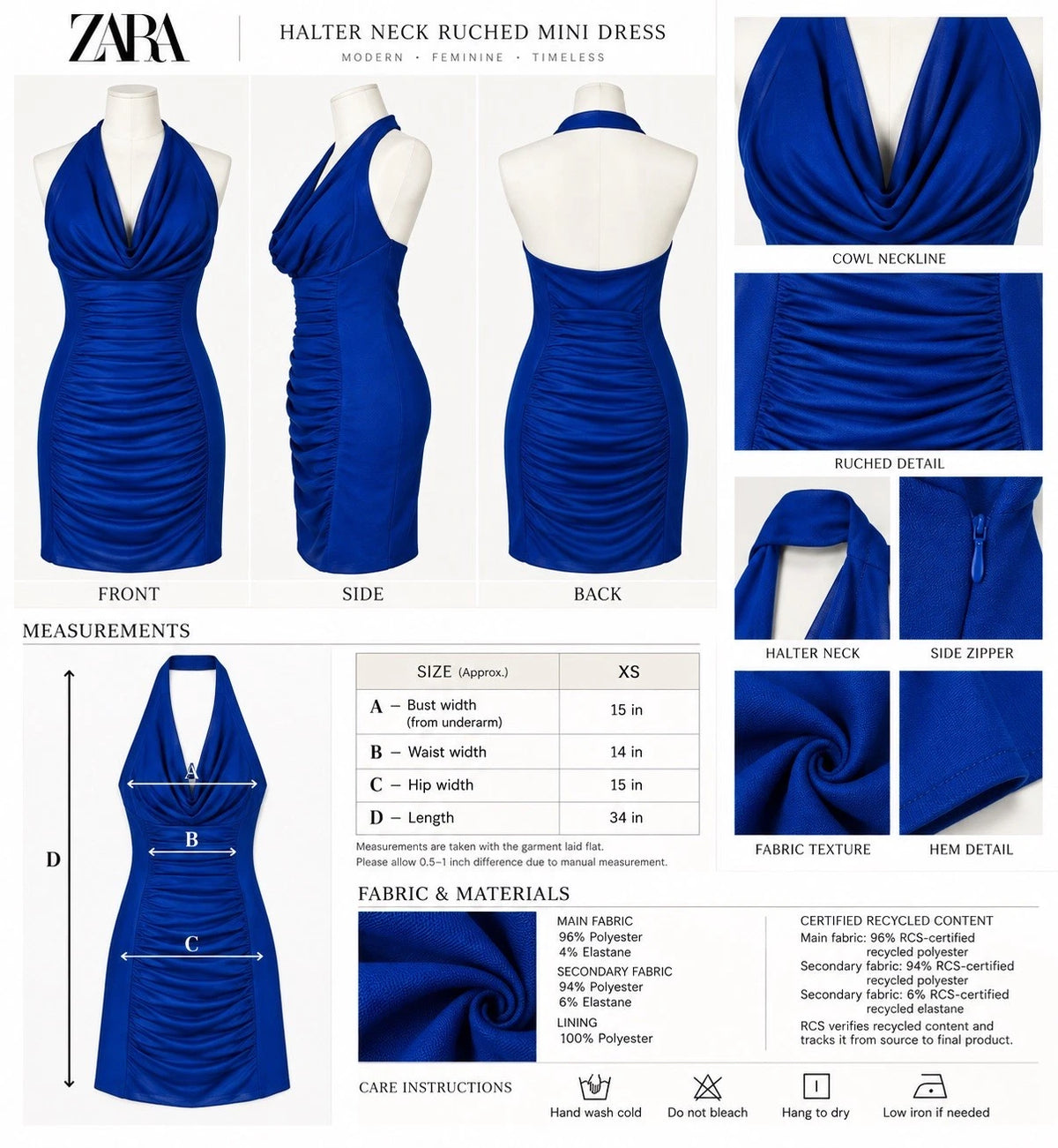 ZARA Women’s Blue Halter Ruched Mesh Bodycon Mini Dress Zip Size XS 4661/324/430