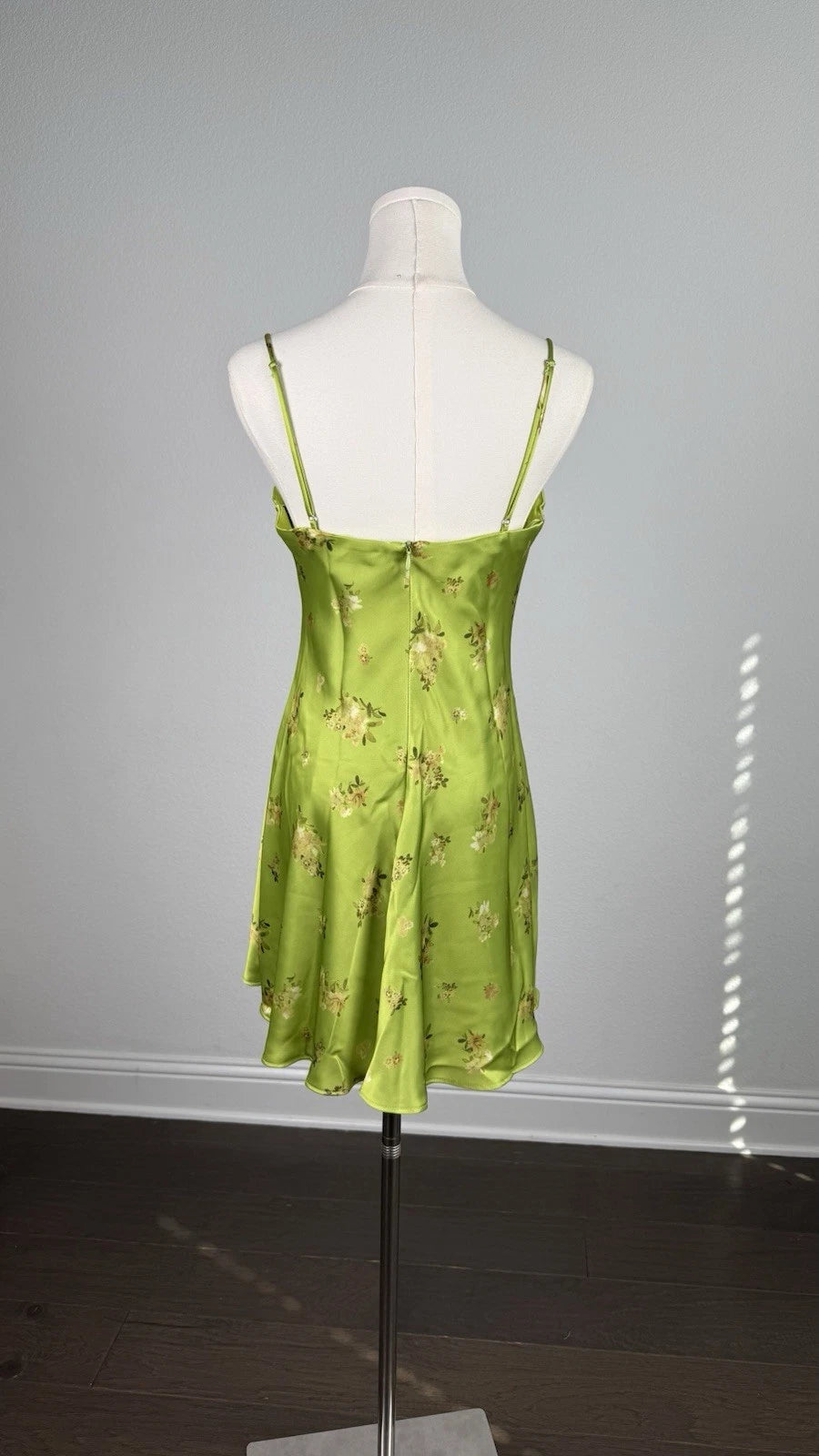 ZARA Green Floral Satin Slip Gown Dress M Sweetheart Neckline Lined Zip