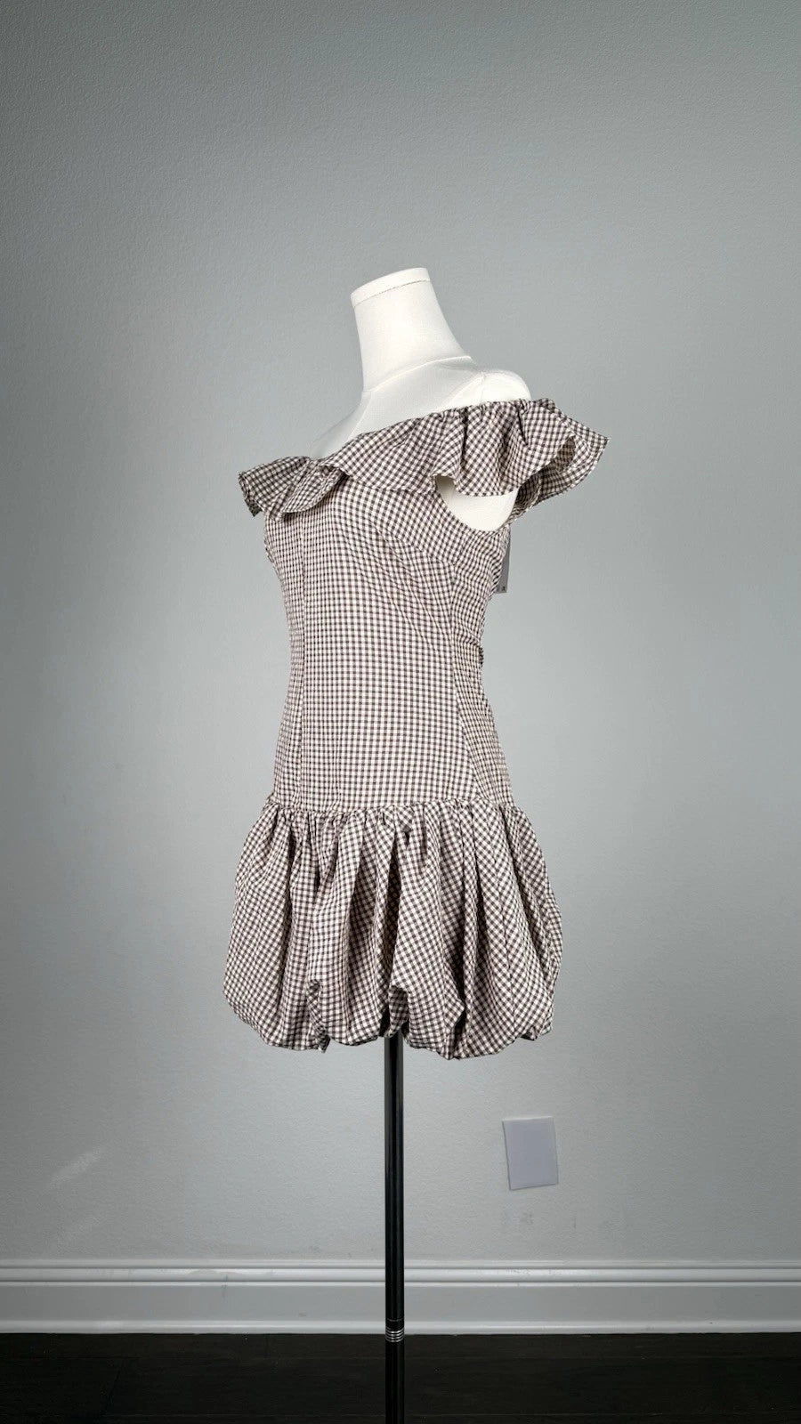 ZARA Brown/White Gingham Off Shoulder Ruffle Lined Mini Dress Size S 2180