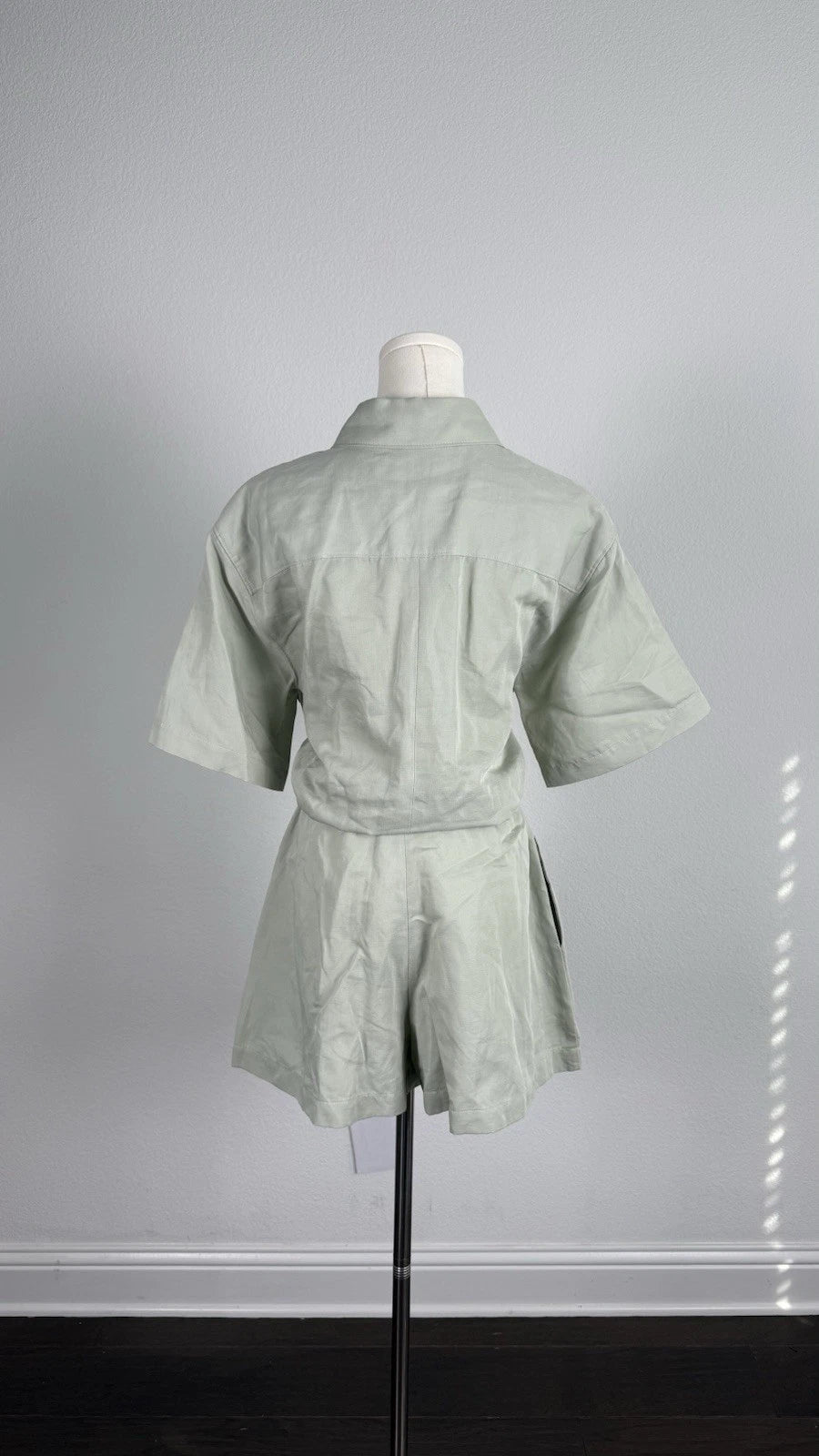 ZARA Women’s Green Solid Utility Romper Size S Collared Button Belted Pockets