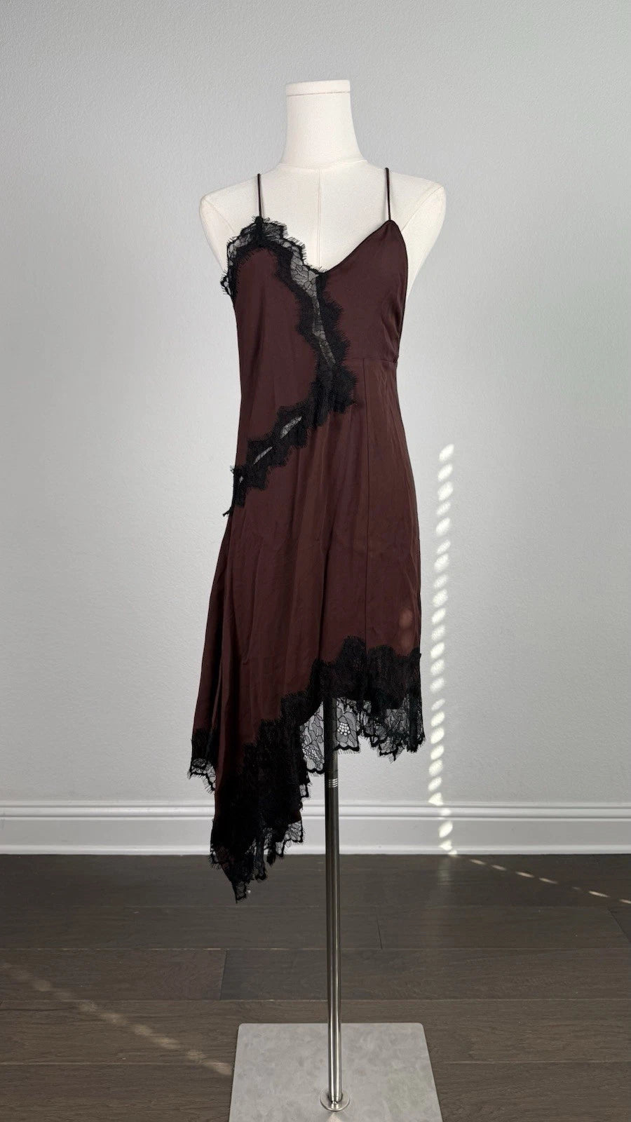 ZARA Women's Brown Solid Full Slip Dress Lace Accents Asymmetrical Hem M
