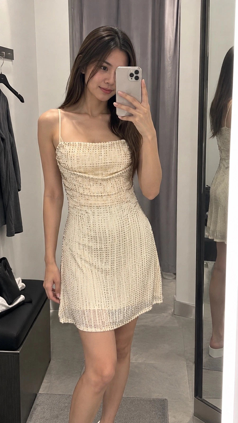 ZARA Beige Satin Beaded Lined Square Neck Adjustable Strap Mini Dress Size S