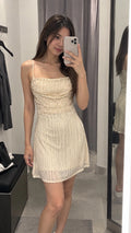 ZARA Beige Satin Beaded Lined Square Neck Adjustable Strap Mini Dress Size S