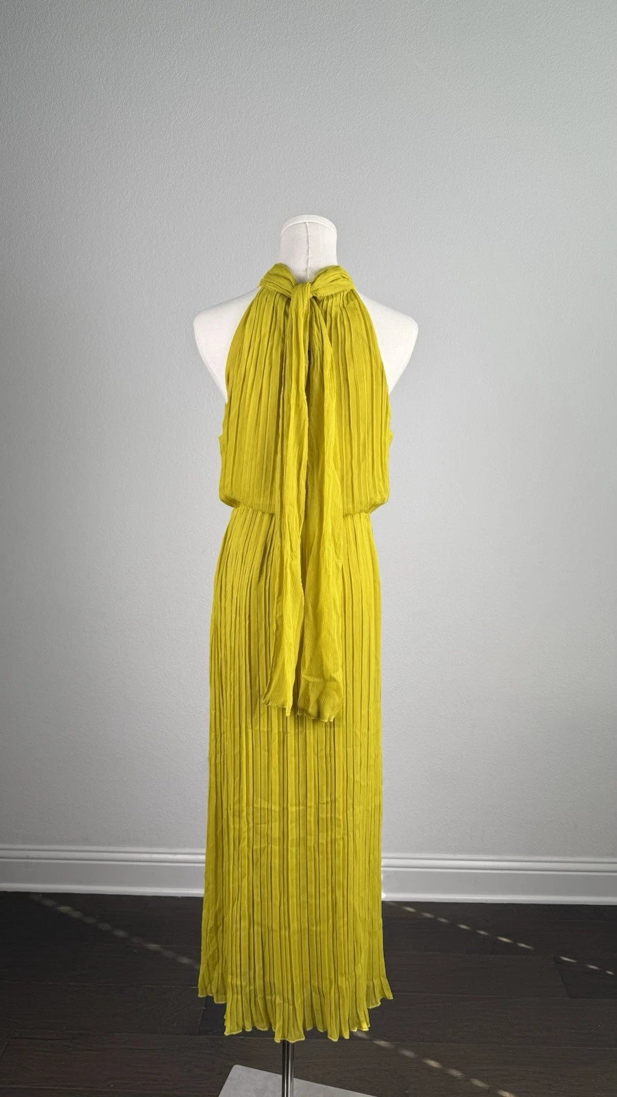 ZARA Yellow Pleated Halter Maxi Dress Bow Tie Chiffon Polyester Size S