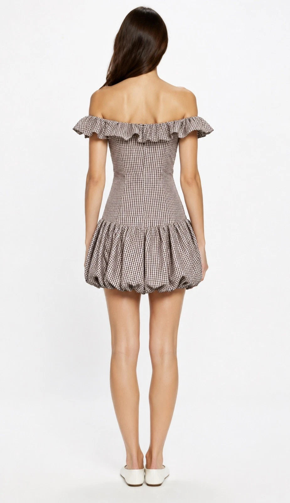 ZARA Brown/White Gingham Off Shoulder Ruffle Lined Mini Dress Size S 2180