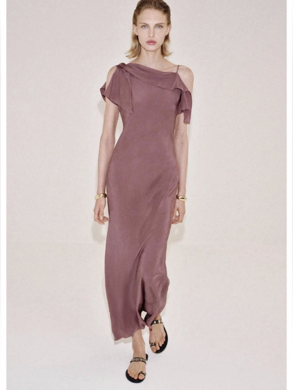 ZARA Women’s Mauve One-Shoulder Ruffle Satin Maxi Dress Open Back Size S&M