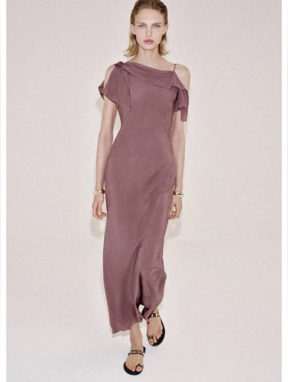 ZARA Women’s Mauve One-Shoulder Ruffle Satin Maxi Dress Open Back Size S&M