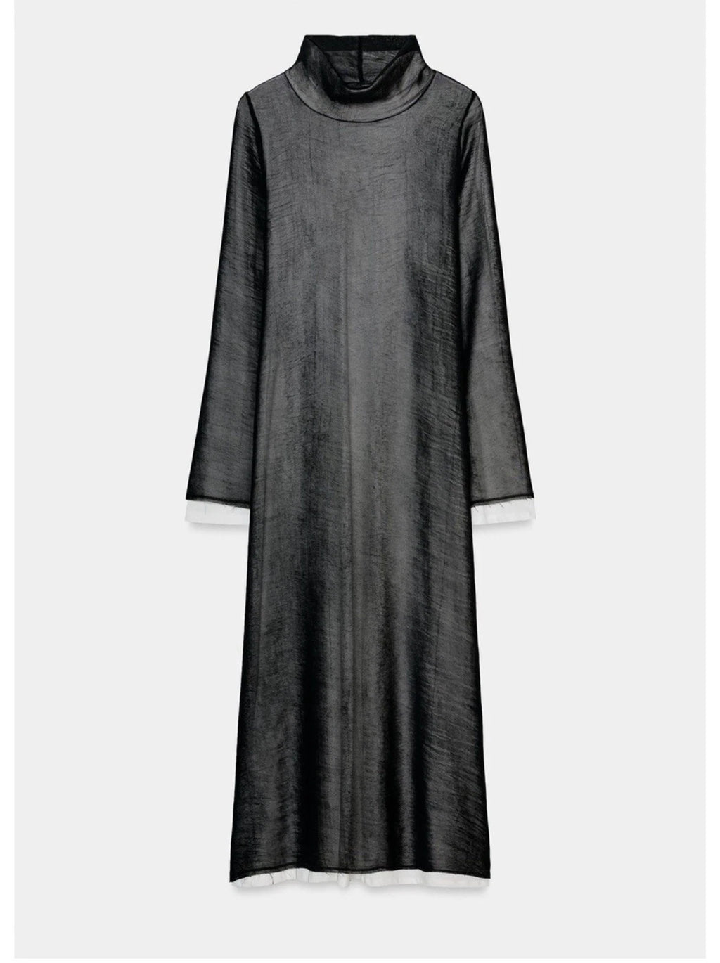 ZARA Black Turtleneck Sheer Lined Maxi Dress Bell Sleeve Size S 2298/001/064