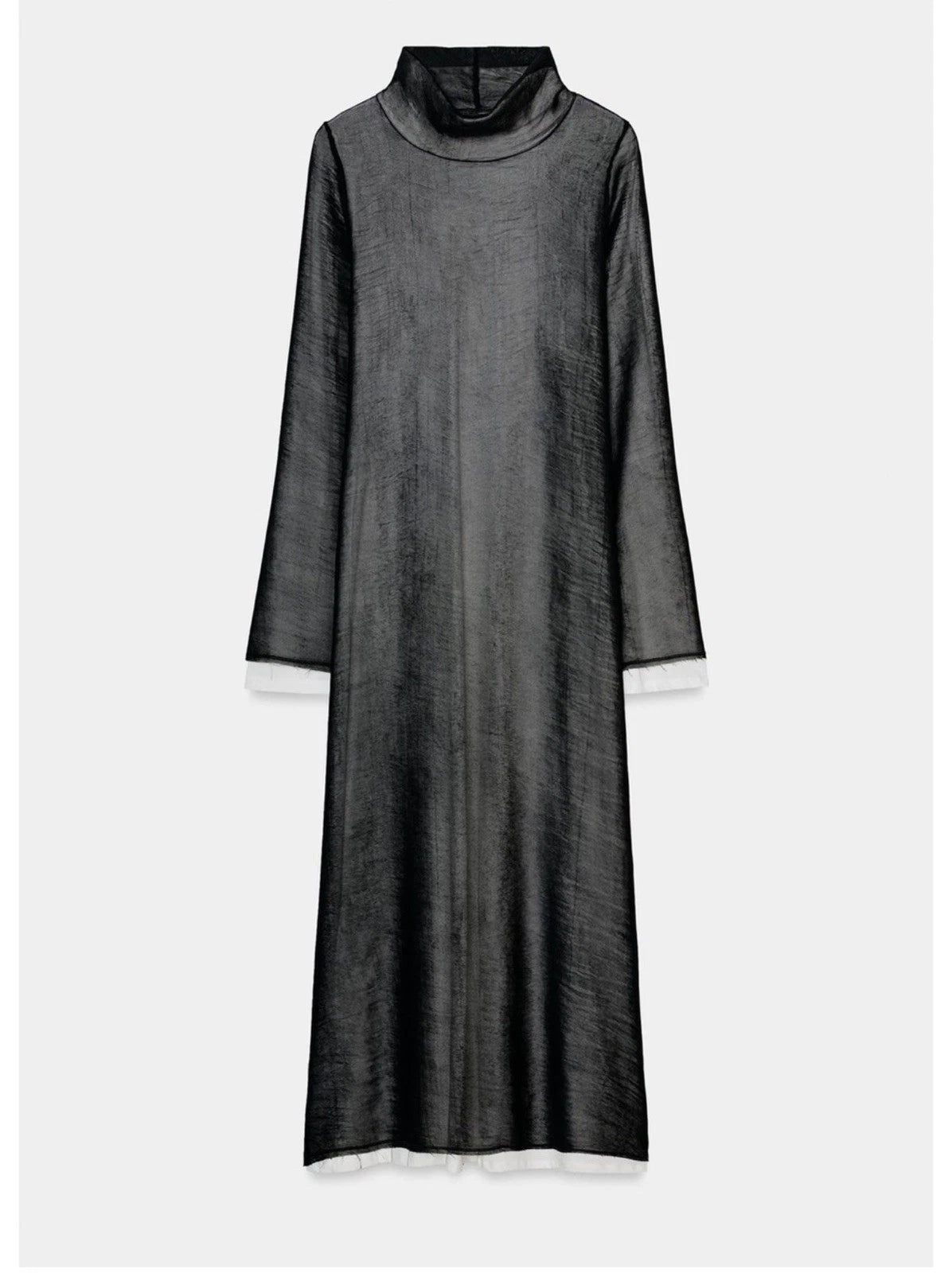 ZARA Black Turtleneck Sheer Lined Maxi Dress Bell Sleeve Size S 2298/001/064