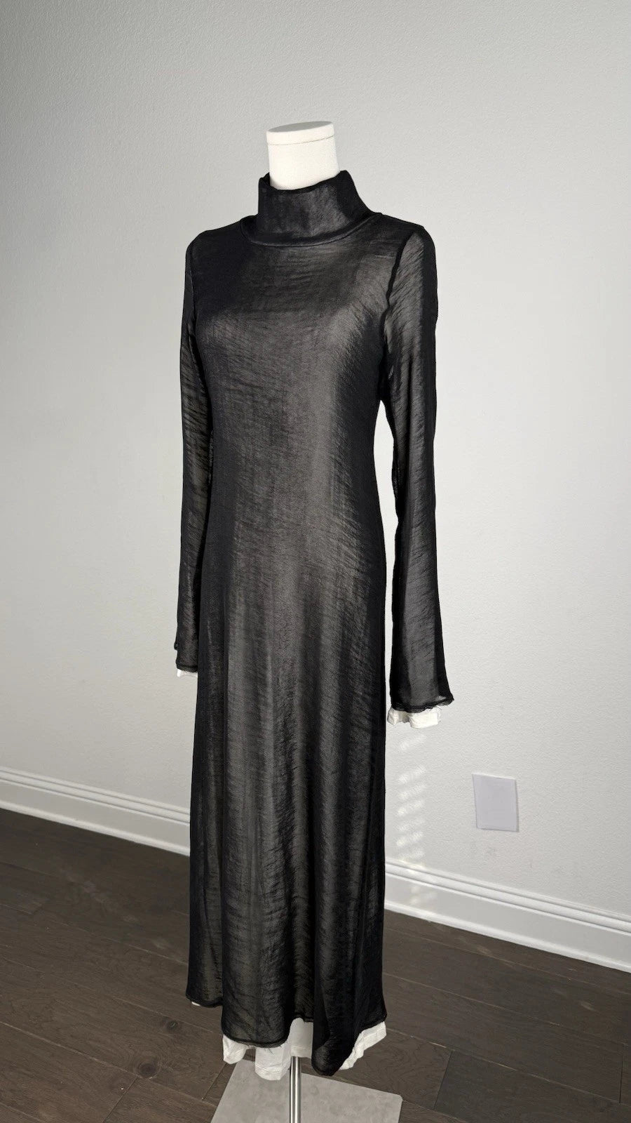 ZARA Black Turtleneck Sheer Lined Maxi Dress Bell Sleeve Size S 2298/001/064