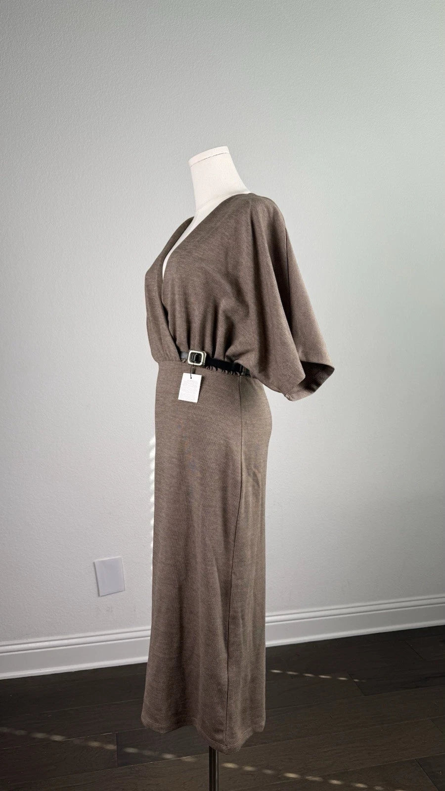 ZARA Beige Solid V-Neck Belted Buckle Kimono Short Sleeve Maxi Dress Size S