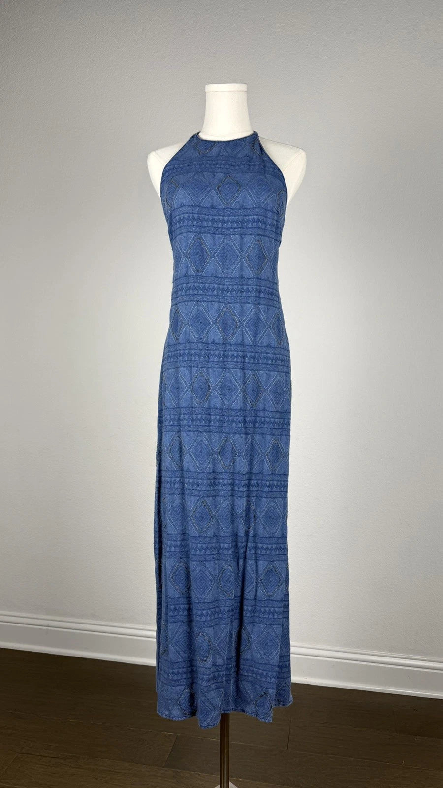 ZARA Blue Beaded Halter Maxi Dress XS Open Back Boho Embroidered Tassel