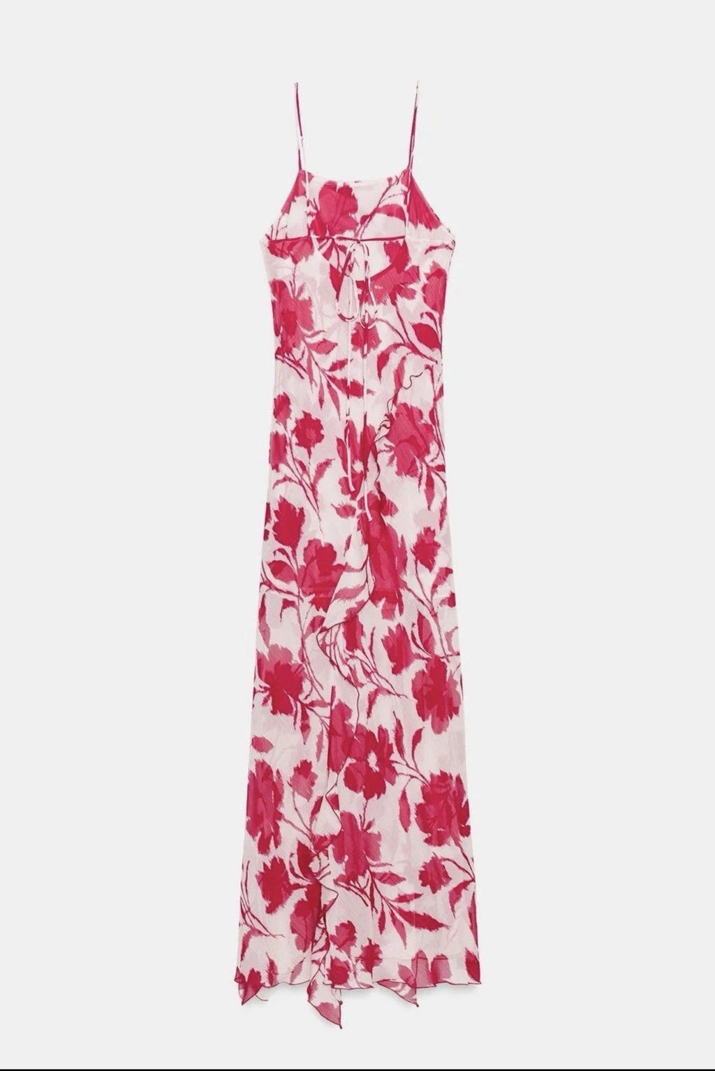 ZARA White Red Floral Chiffon Maxi Dress Square Neck Ruffle Back Tie Size S