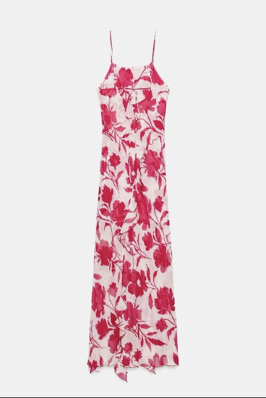 ZARA White Red Floral Chiffon Maxi Dress Square Neck Ruffle Back Tie Size S