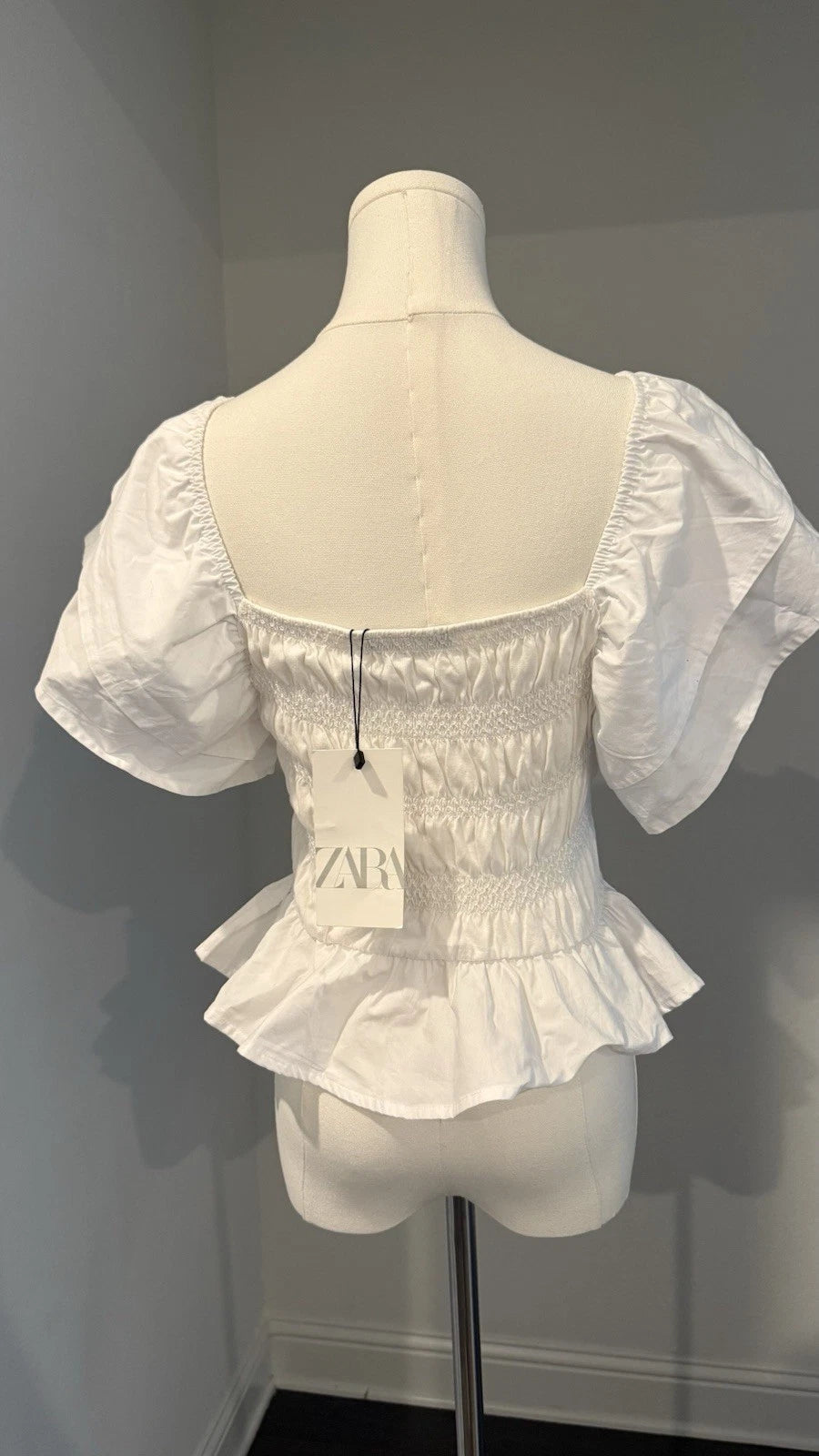 ZARA White Smocked Peplum Top Size M Square Neck Ruffle Sleeve NWT
