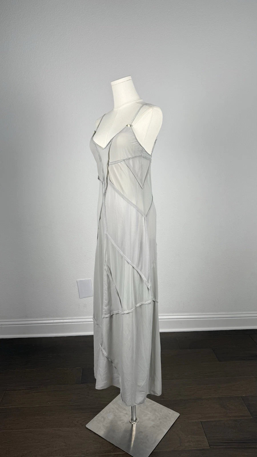 ZARA Gray Satin V-Neck Slip Maxi Dress Spaghetti Straps Size S 1223/017/425