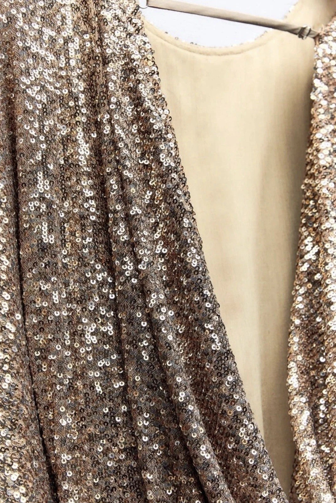 ZARA Women’s Gold Sequin Lined Open Back Mini Shift Dress 3/4 Sleeve Size L
