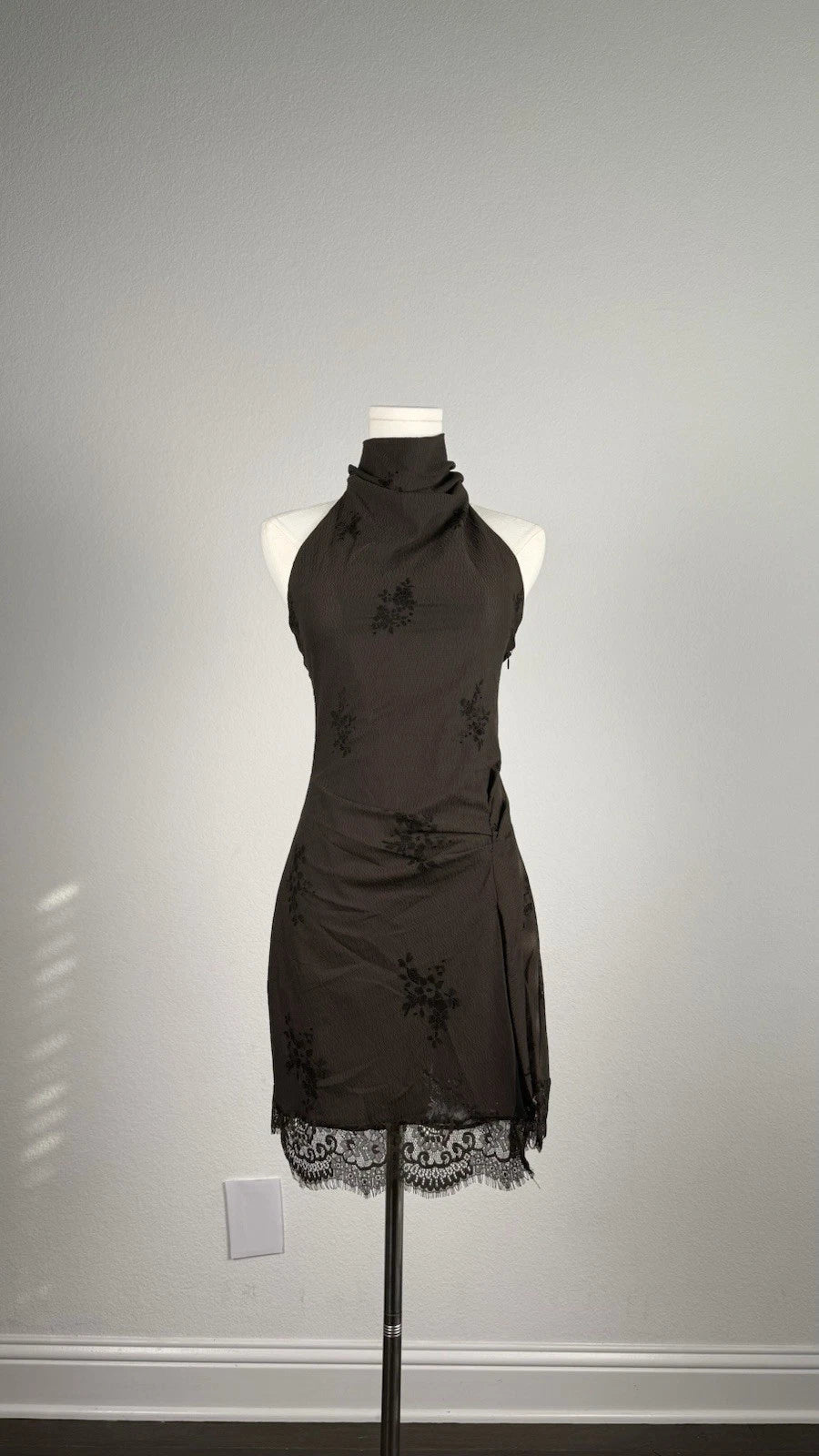 ZARA Brown Floral Halter Mini Dress Lace Lined Side Slit Zip Size S NWT