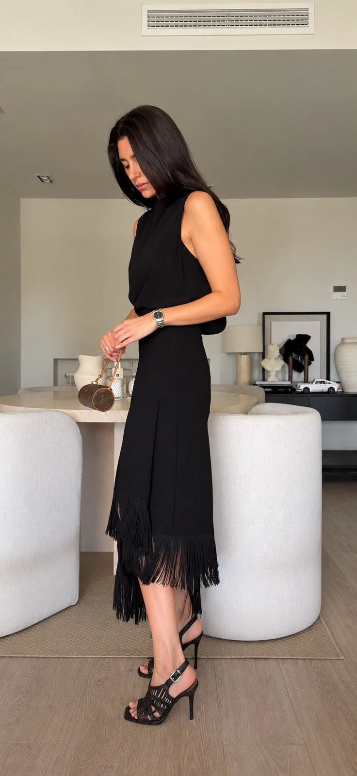 ZARA Black Asymmetric Fringe Open Back Knit Midi Dress Size XS 1758/042/800