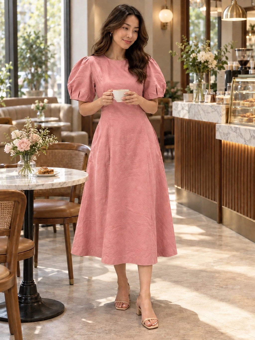 ZARA Pink Puff Sleeve Pleated A-Line Midi Dress Pockets Cotton Linen Size M