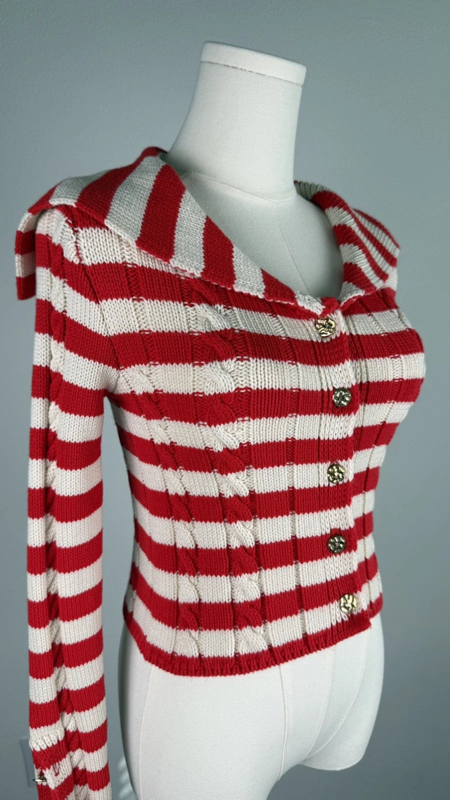 ZARA Women's Red Cream Striped Knit Cardigan XS Wide Collar Button Front NWOT