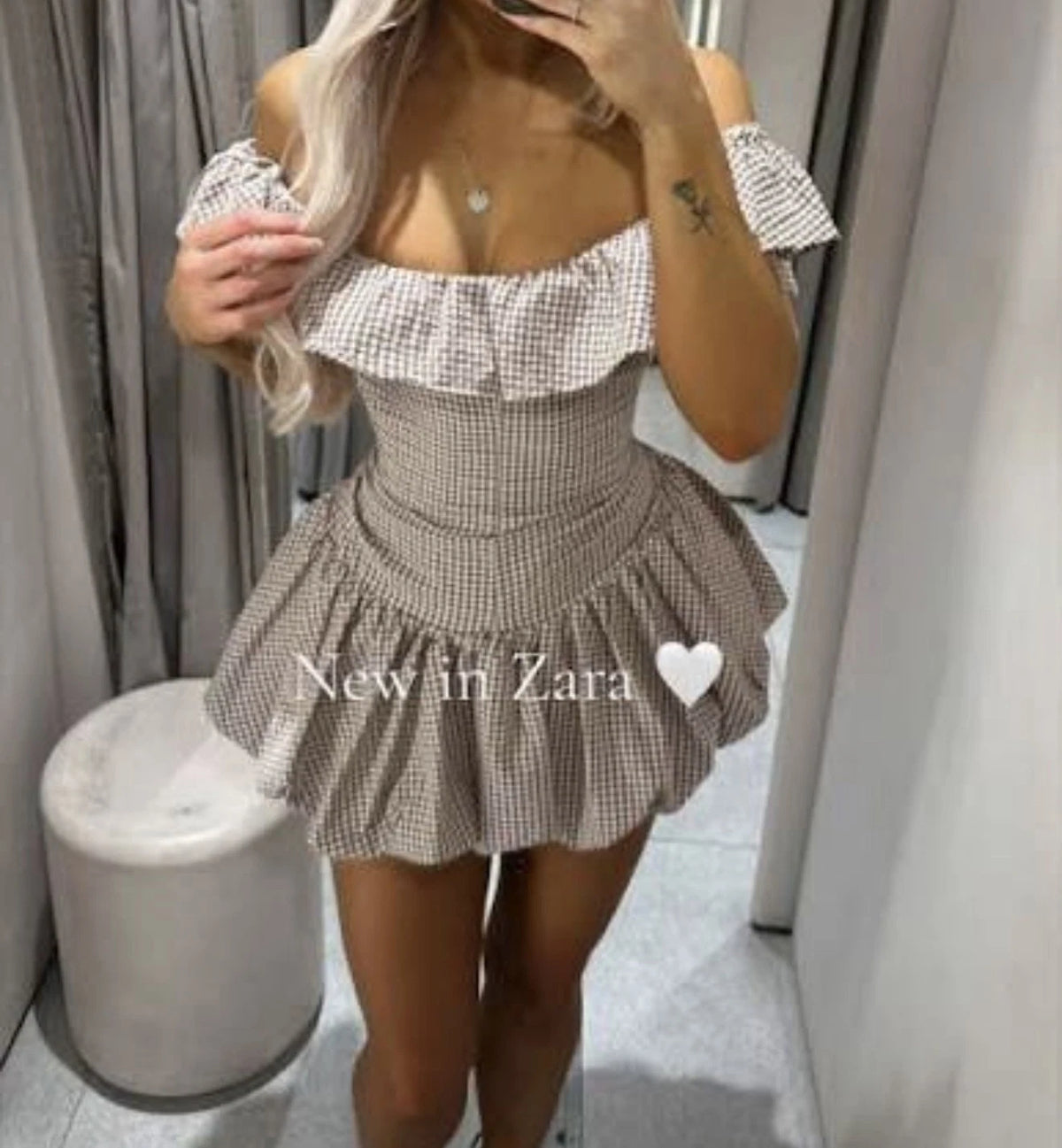 ZARA Brown/White Gingham Off Shoulder Ruffle Lined Mini Dress Size S 2180