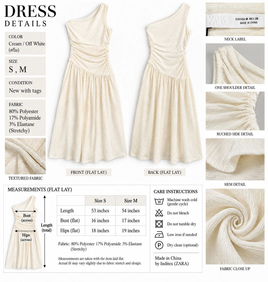 ZARA Cream One Shoulder Ruched Textured A-Line Midi Dress Size S/M NWT