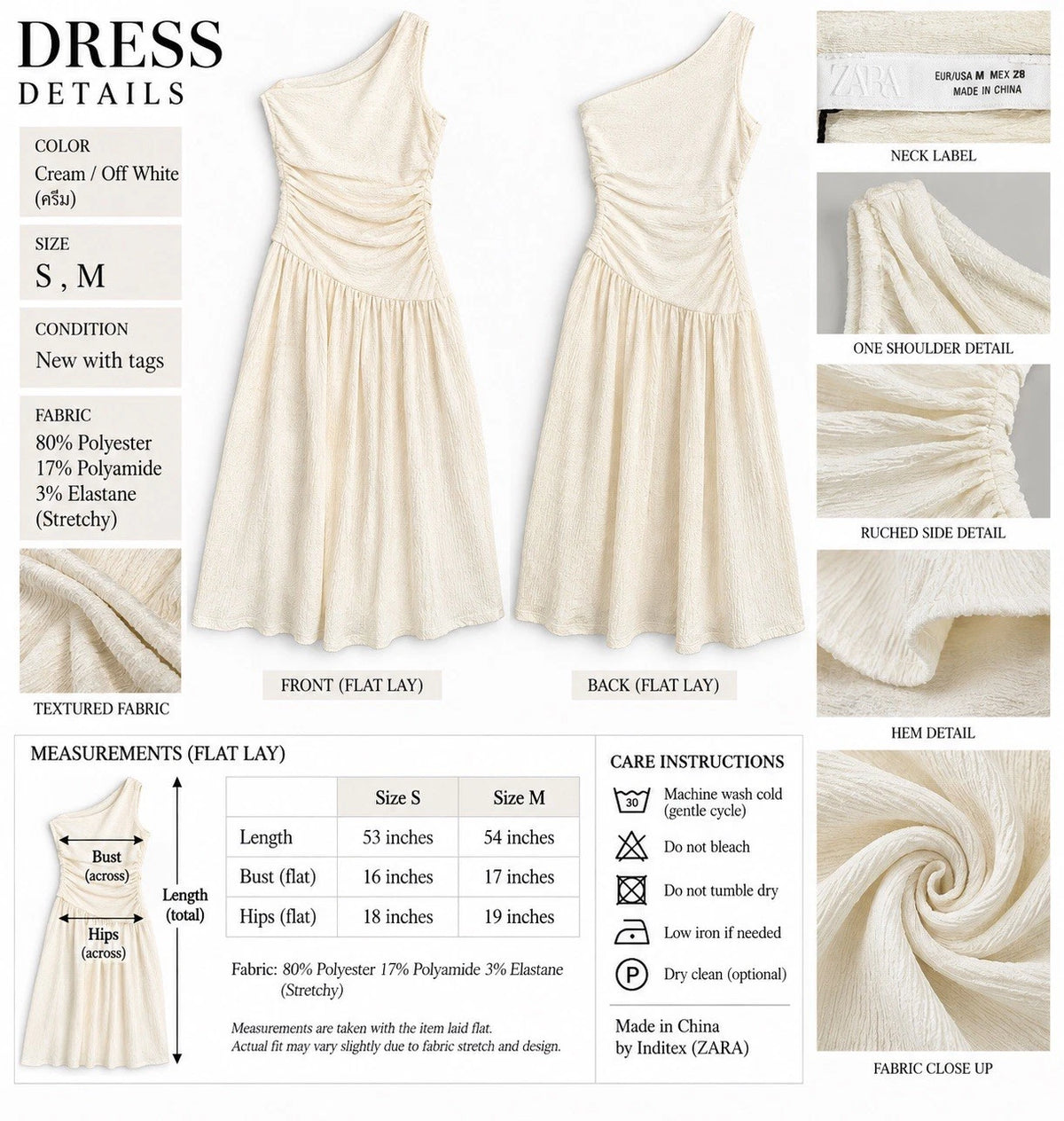 ZARA Cream One Shoulder Ruched Textured A-Line Midi Dress Size S/M NWT