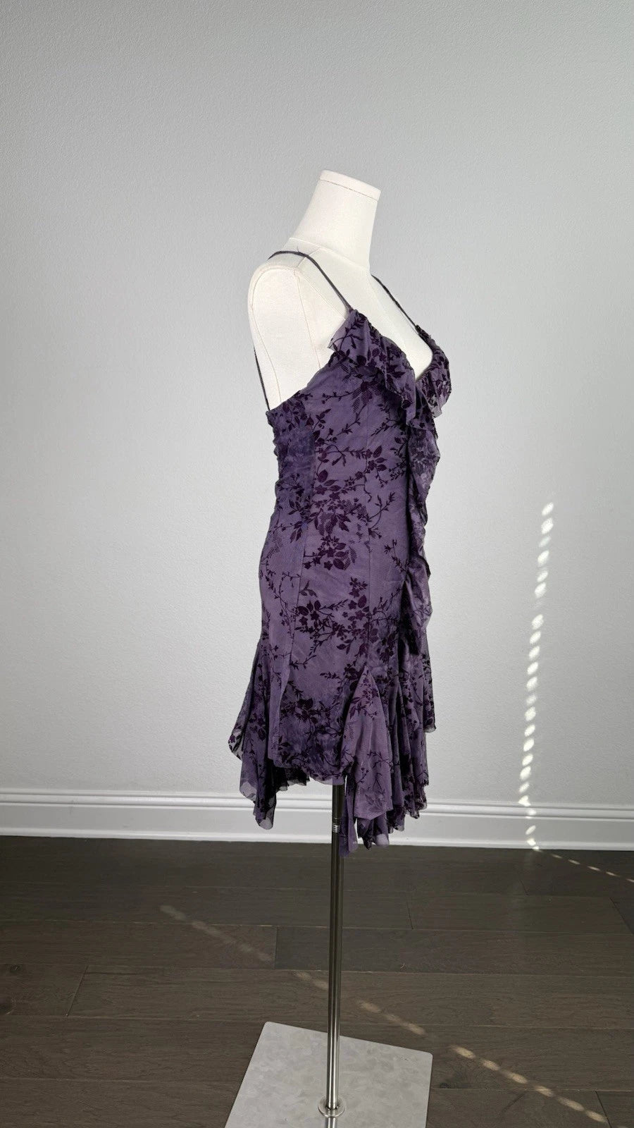 ZARA Purple Floral Ruffle Mesh Midi Dress V-Neck Lined Stretch Zip Size M