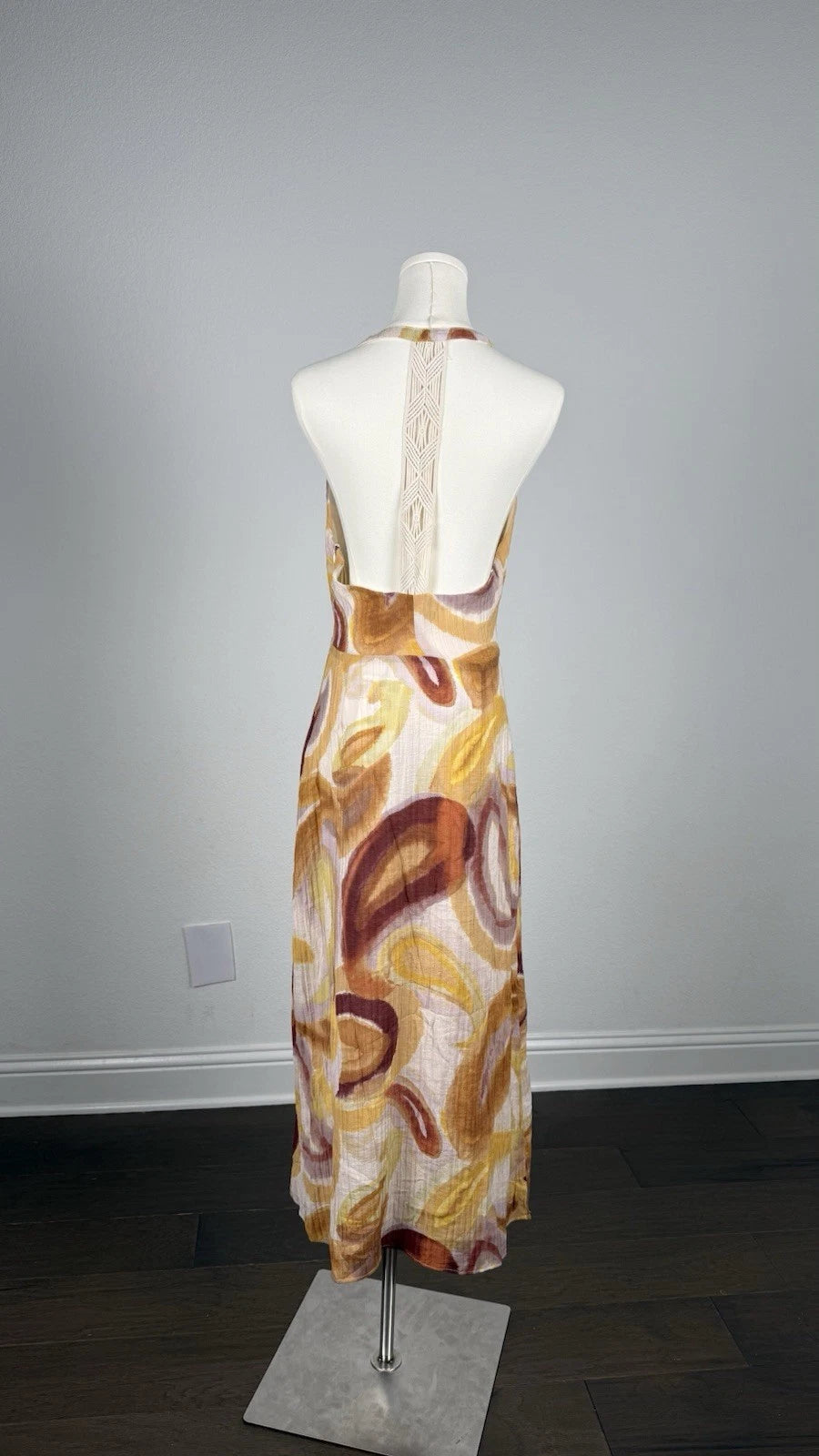 ZARA Abstract Print Cowl Neck Crochet Back Lined Maxi Dress Multicolor S