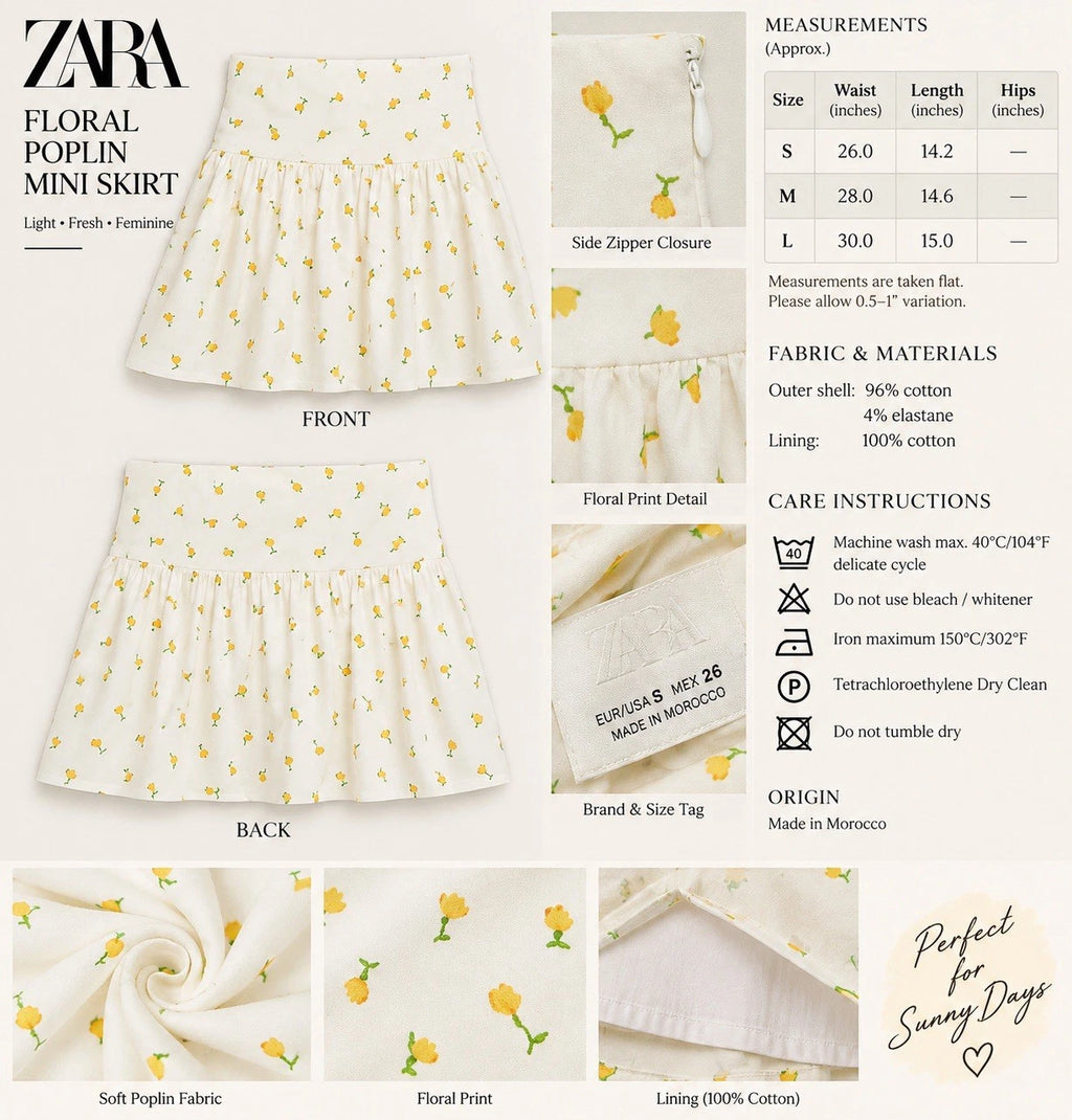 ZARA Floral Poplin High Rise A-Line Mini Skirt Lined Pleated Zip S NWT