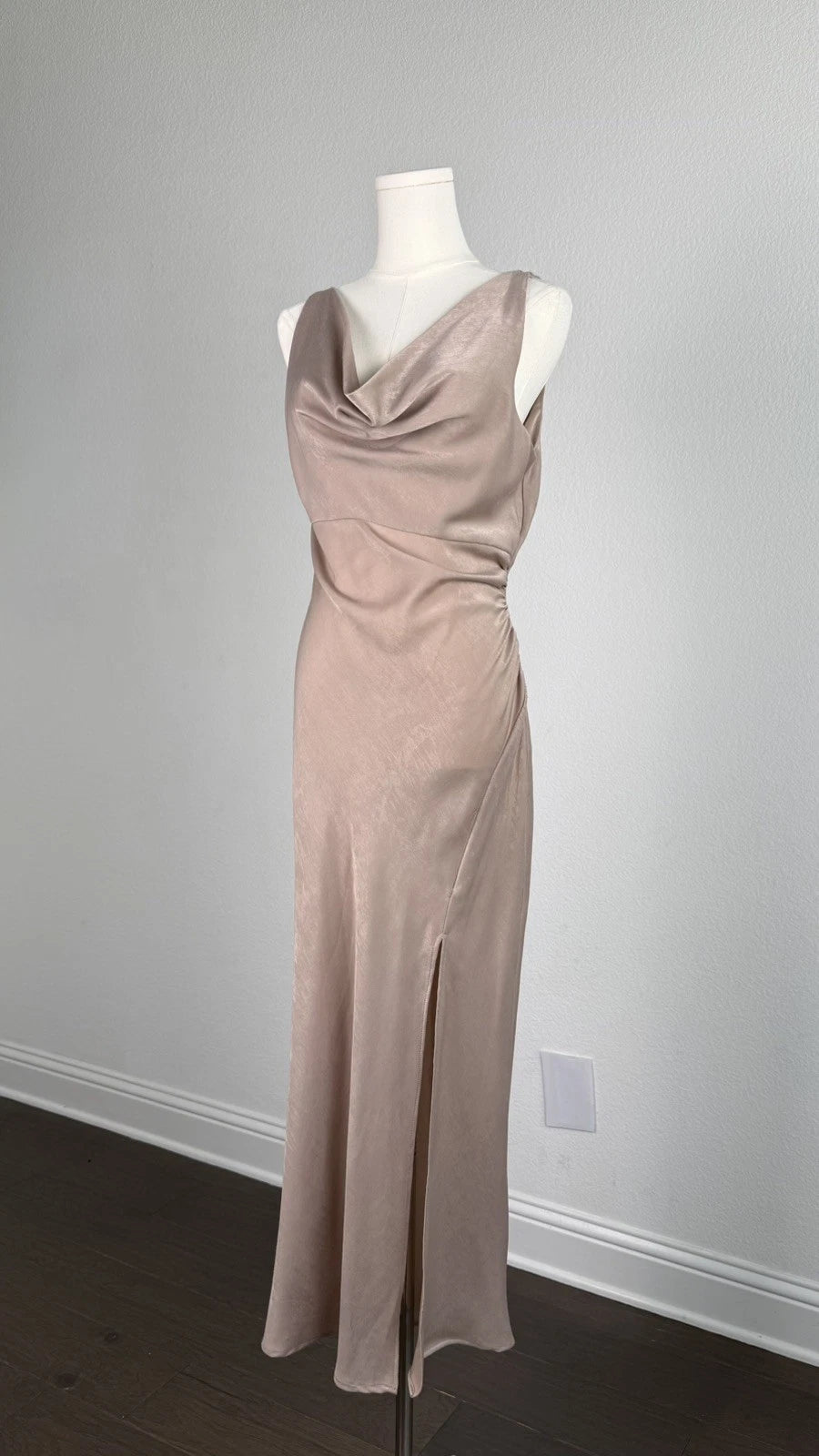 ZARA Draped Satin Midi Dress Size M Taupe Beige Cowl Neck Side Slit