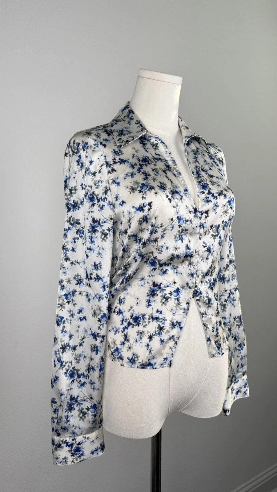 ZARA Blue White Floral Satin Fitted Shirt Blouse Size S 2580/126