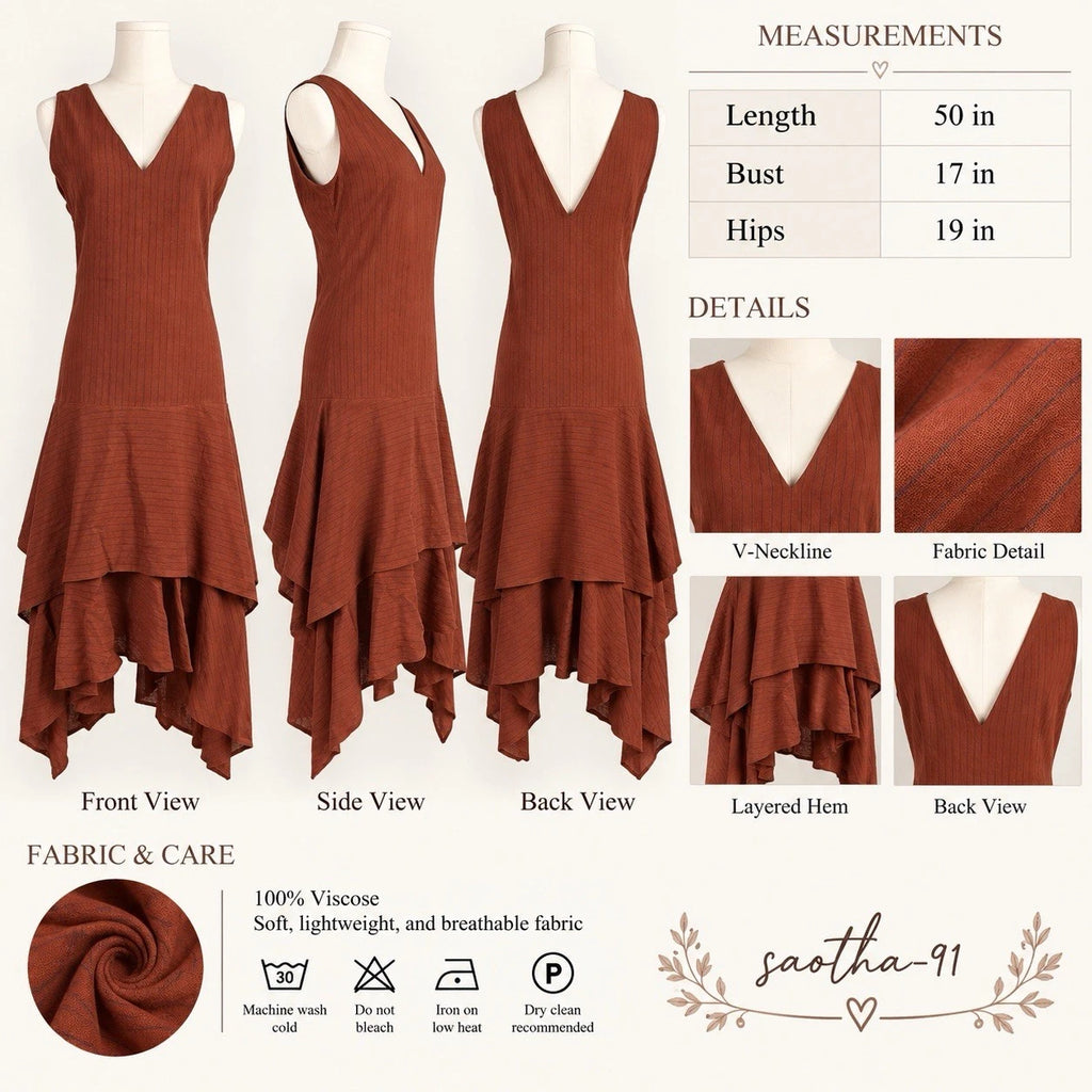 ZARA Brown Striped V-Neck Sleeveless Layered Hem Midi Dress Viscose Size S