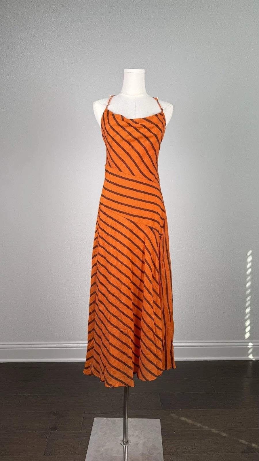 Women’s Orange Black Striped Cowl Neck Backless Maxi Dress Side Slit Size M