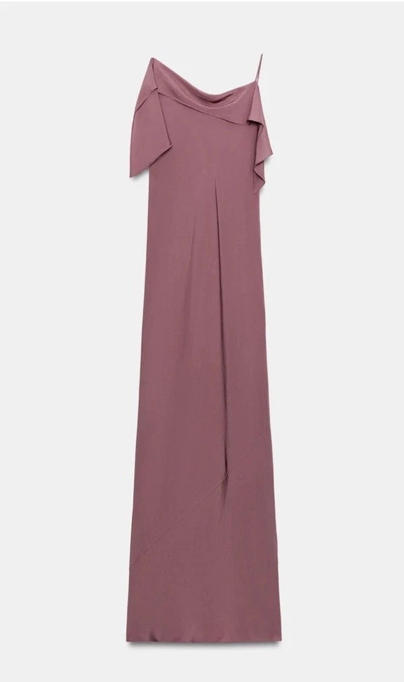 ZARA Women’s Mauve One-Shoulder Ruffle Satin Maxi Dress Open Back Size S&M