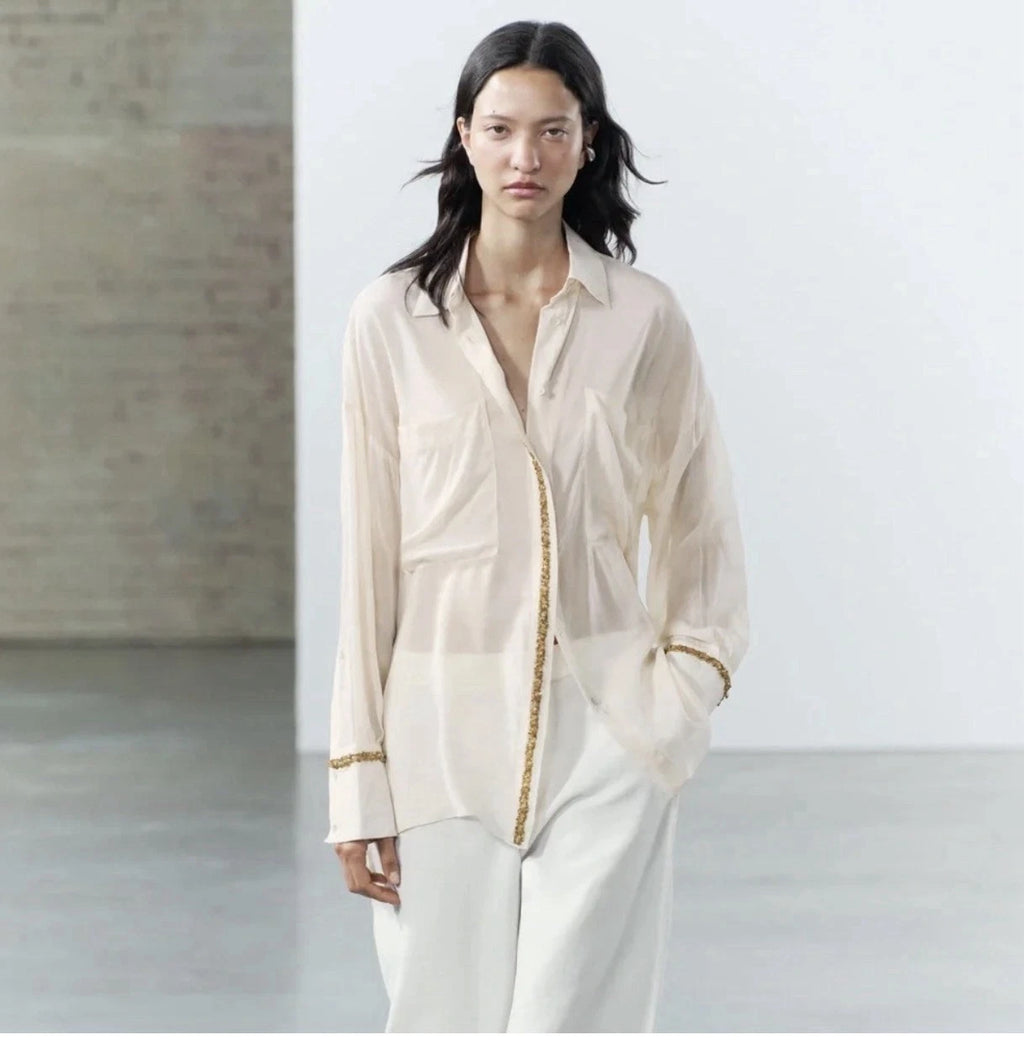 ZARA Women’s Ivory Sheer Collared Button-Up Blouse Viscose Long Sleeve Size S