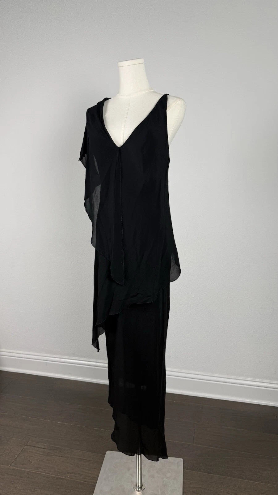 ZARA Black Chiffon One Shoulder Ruffle Asymmetrical Maxi Dress Size S