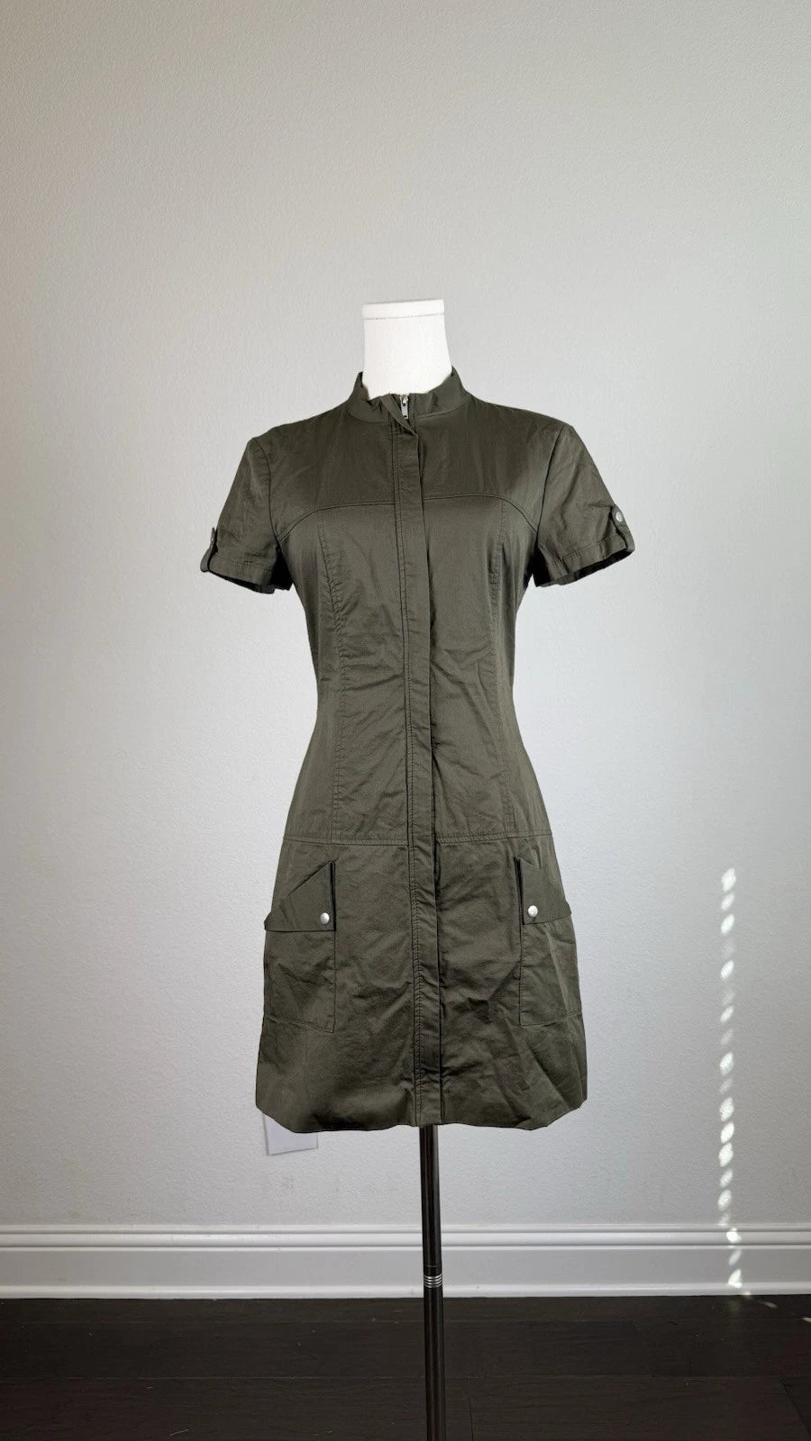 ZARA Women’s Green Mini Dress Zip Front Stand Collar Cotton Pockets Size S/M