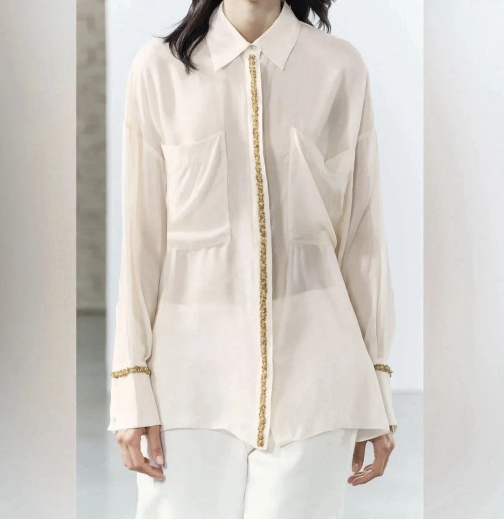 ZARA Women’s Ivory Sheer Collared Button-Up Blouse Viscose Long Sleeve Size S