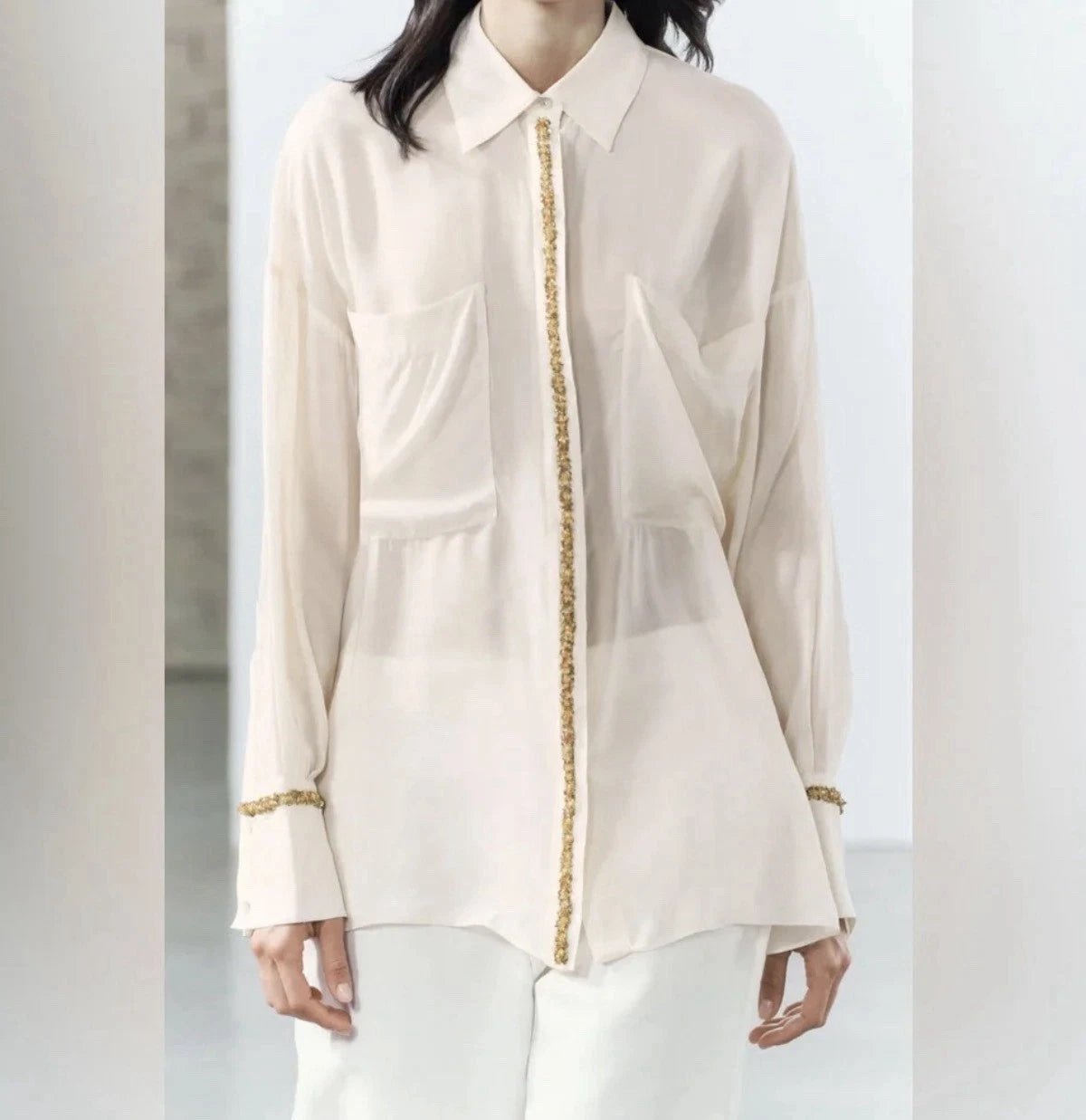 ZARA Women’s Ivory Sheer Collared Button-Up Blouse Viscose Long Sleeve Size S