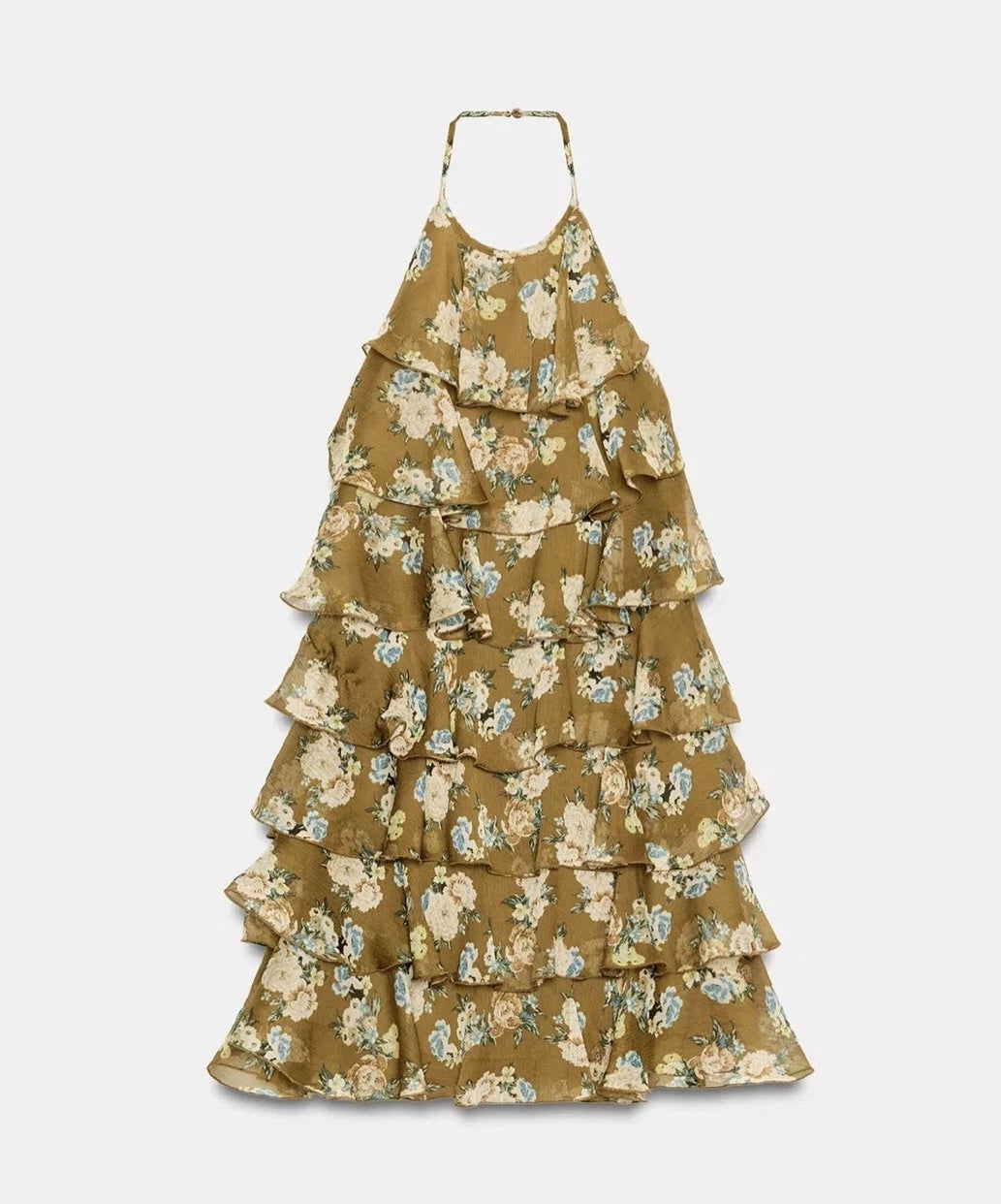 ZARA Floral Ruffle Layered Halter Open Back Lined Mini Dress Size S 2596/466/071